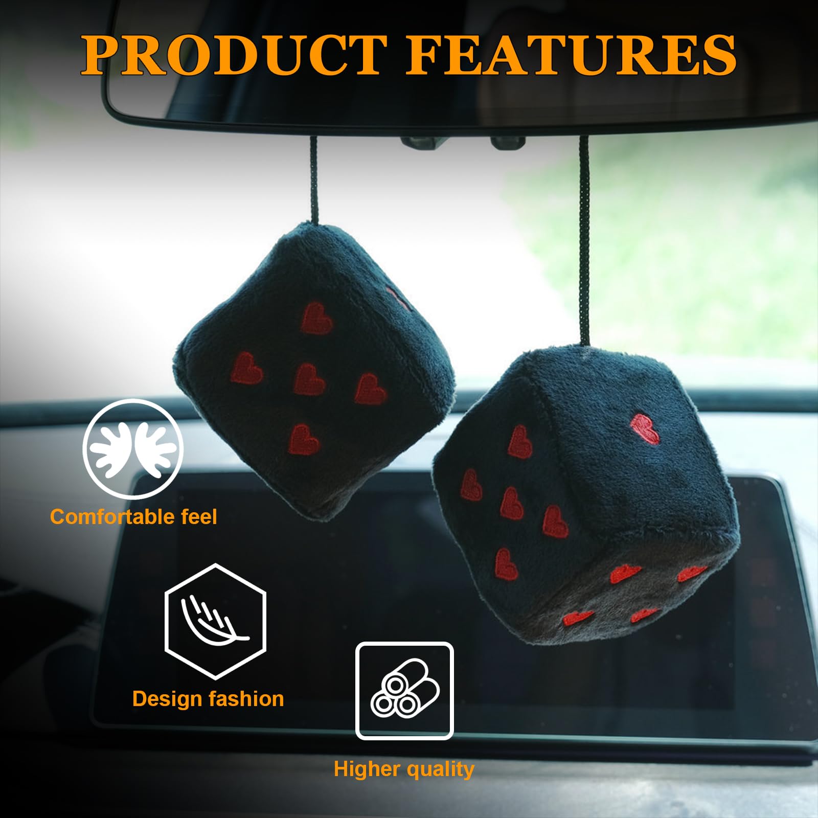 Ziciner Pair Fuzzy Plush Dice for Car Mirror, 3'' Retro Square Dice with Heart-Shape, Universal Auto Rearview Mirror Hanging Orn