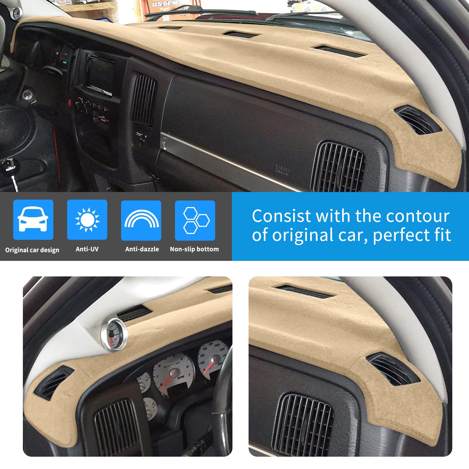 Hanlanka Dashboard Cover Dash Cover Mat Compatible With Dodge Ram 1500 2002-2005,2500/3500 2003-2005(Beige)