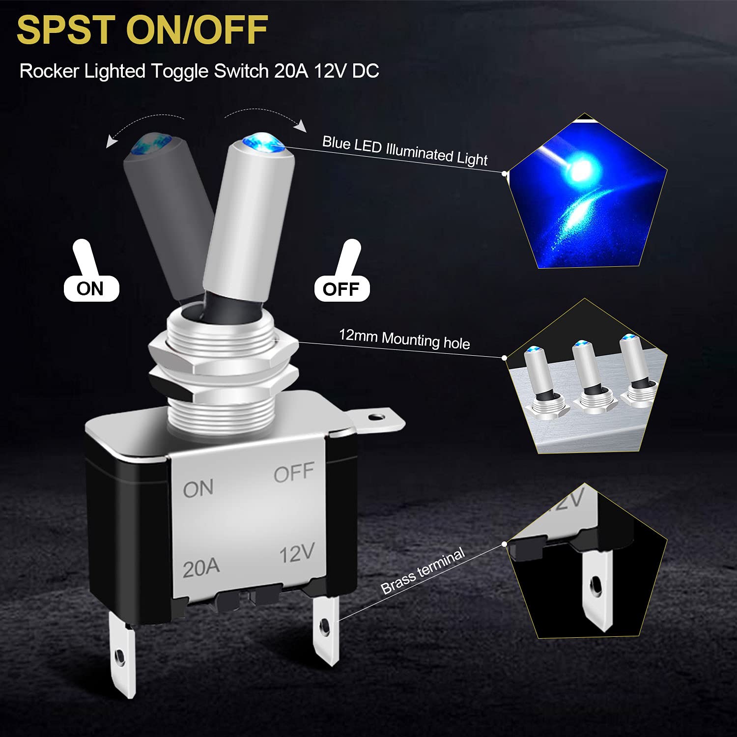 Twidec/3Pcs Rocker Lighted Toggle Switch 12V 20A Heavy Duty Racing Car Automotive Auto Spst On/Off Toggle Switch Blue Led Illuminated 3Pin Asw-07Dbu