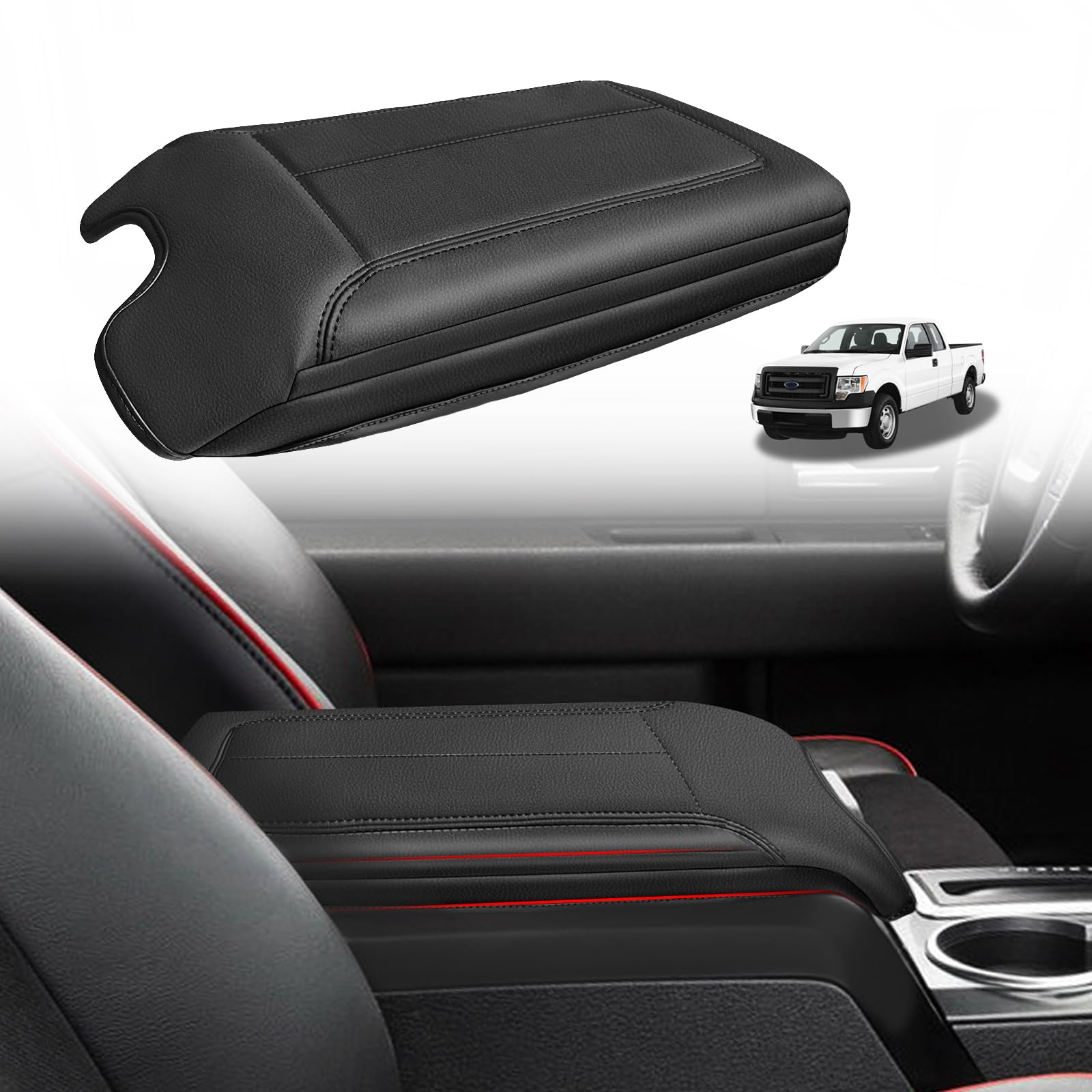 Muslogy Center Console Armrest Cover Compatible With Ford F-150 F150 2009-2014 Comfort Armrest Pad Arm Rest Cushion Vegan Leathe
