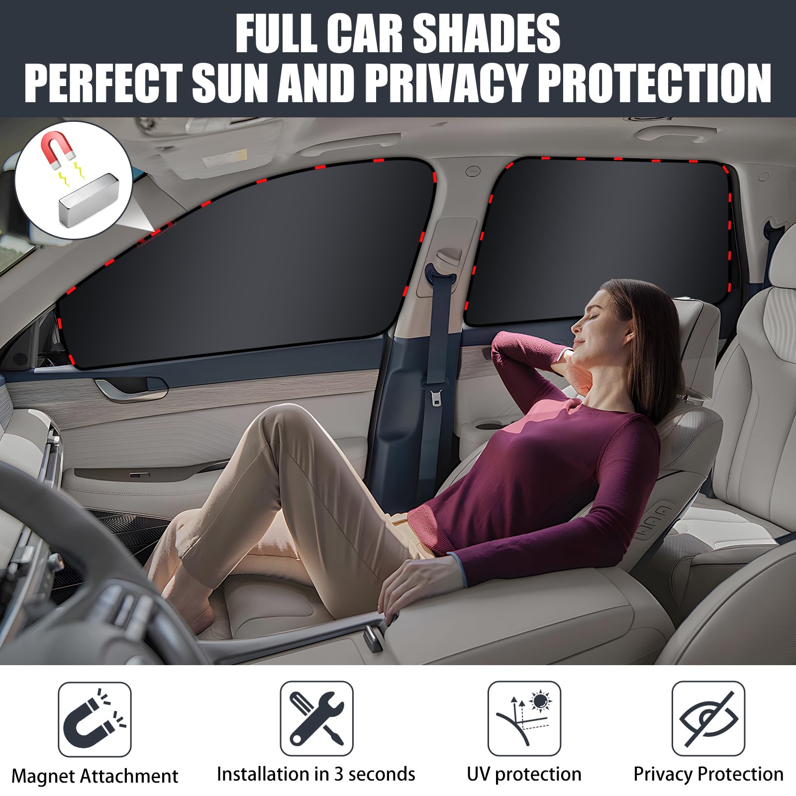 ZATOOTO Car Window Sun Shade - 4 Pack Magnetic UV Blocker, Silver, Model C02PC4, Ideal for Breastfeeding, Napping, and Camping