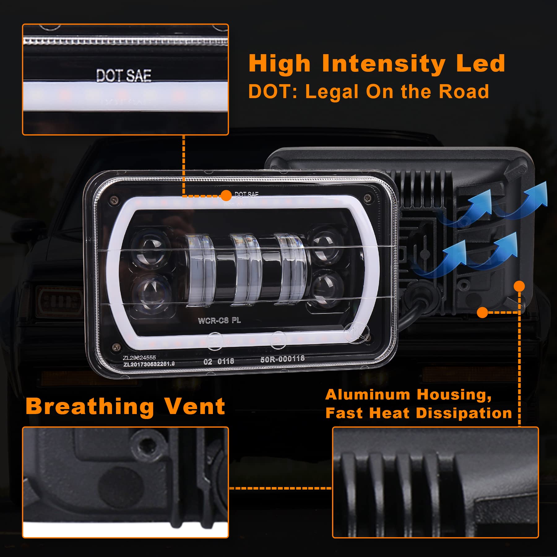 MOVOTOR Off Road 4x6 Led Headlights with White/Yellow Halo Seal Beam H4651 H4656 H6545 H4668 Replacement Headlamp for Ford Kenworth Peterbilt Semi Truck