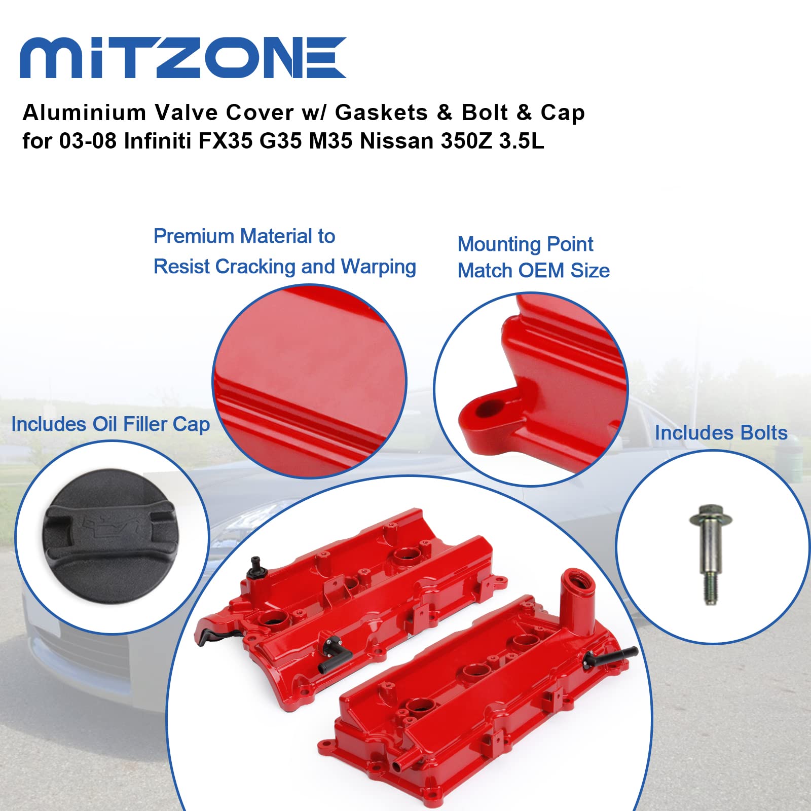 MITZONE Aluminum Valve Covers for 2003-2008 Nissan 350Z & Infiniti G35, FX35 - Upgraded Red, Models 13264AM600/13264AM610