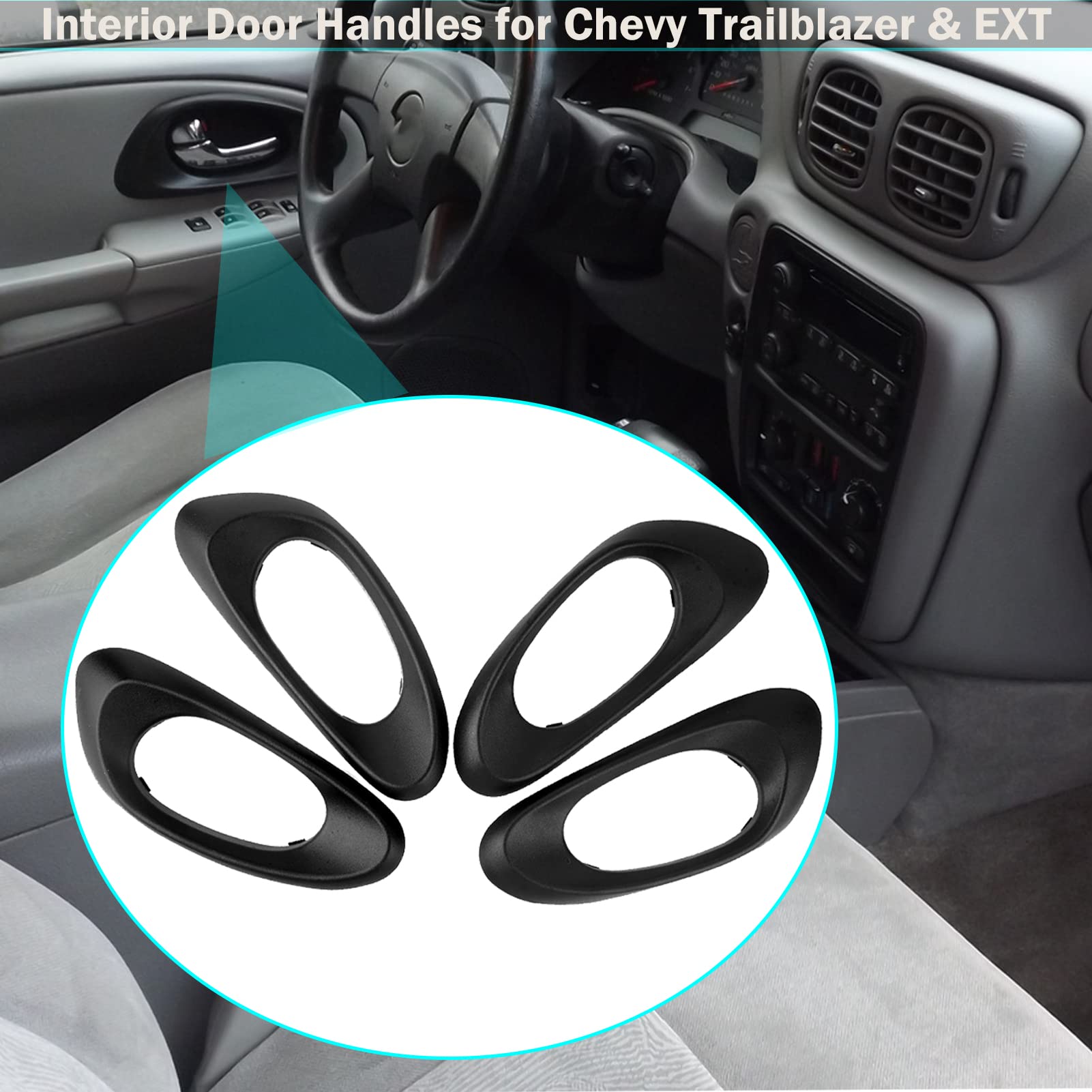Interior Inside Door Handle Trim Bezel Front Rear Driver Passenger Side Replacement For Chevy Trailblazer Ext 2002 2003 2004 2005 2006 2007 2008 2009 Oe# 15214507, 15214506, 15214502, 15214501 (4Pcs)