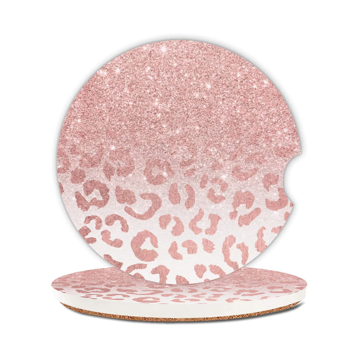 Rose Glitter Leopard Print Car Coasters 2 Pack Car Cup Holder,Absorbent Ceramic Coaster with Cork Back and Finger Slot,Cup holde