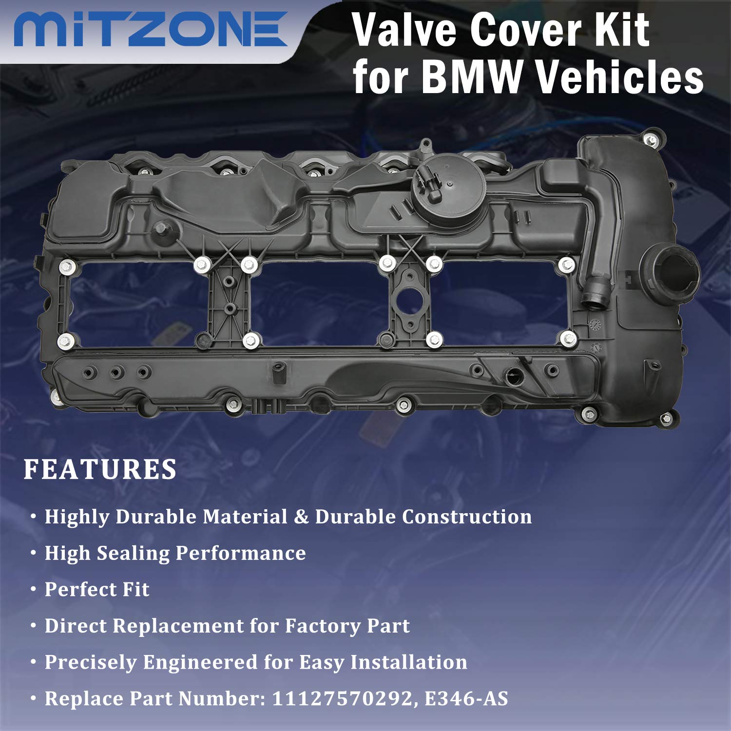 Mitzone N55 Engine Valve Cover With Gasket Bolts Kit & Oil Cap For Bmw 2010-2017 335I 535I 2011-2019 X5 X3 X6 2013-2015 740I 740Li 3.0L Part# 11127570292