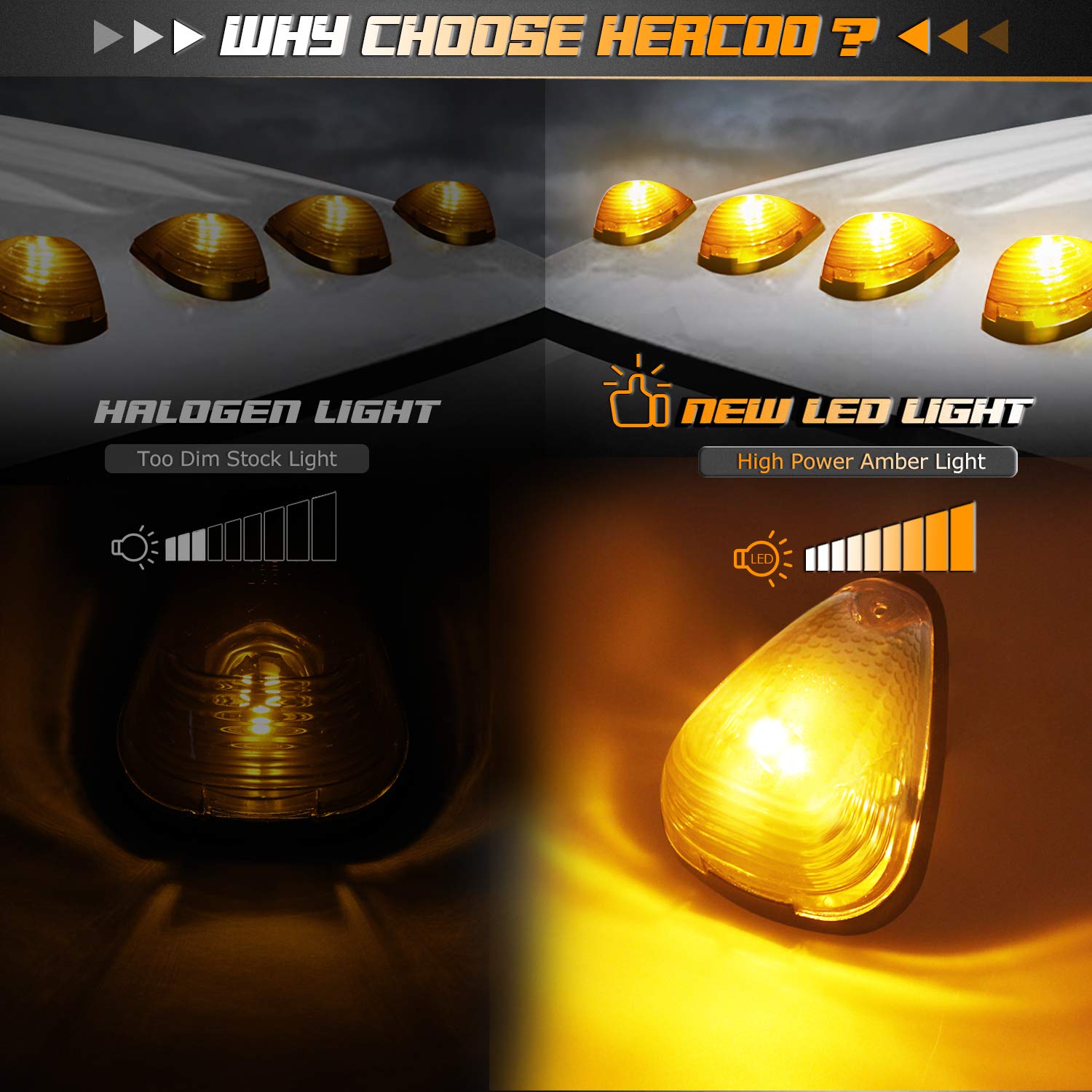 HERCOO Amber LED Roof Marker Lights for 1999-2016 Super Duty F250 F350 F450 F550 - Aftermarket Cab Clearance Lenses