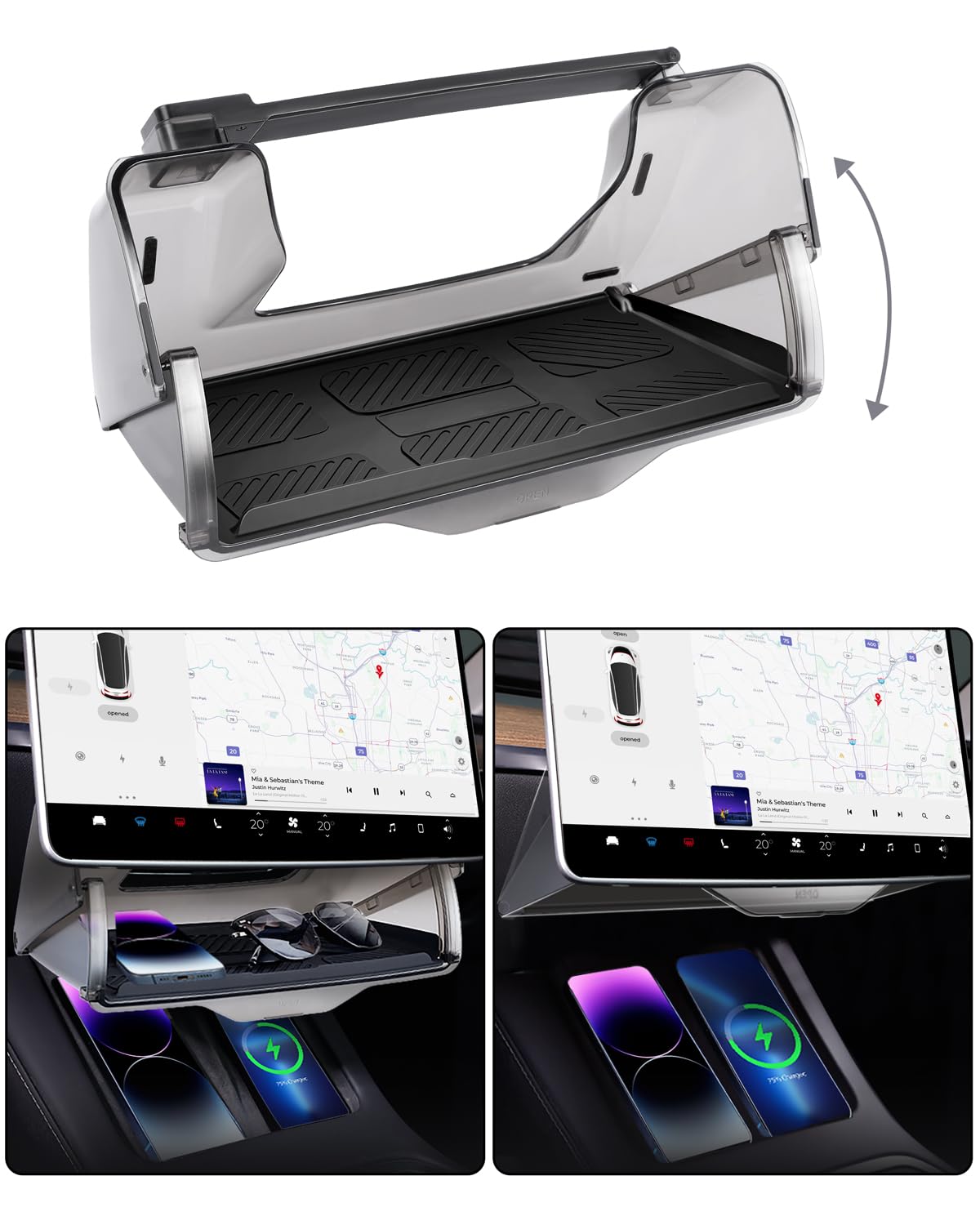 Evooor Hideable Under Screen Storage For Tesla Model Y Model 3,Center Console Organizer Tray With Black Anti-Slip Silicone Pad - Model Y 3 Accessories 2016-2024(Fit Model 3 Highland)