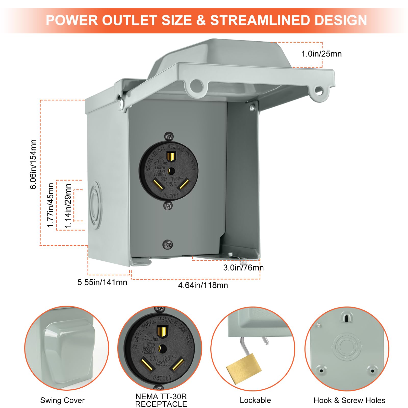Welluck 30 Amp Rv Power Outlet Box, 125 Volt Nema Tt-30R Rv Receptacle, Enclosed Lockable Outdoor Electrical Panel Weatherproof