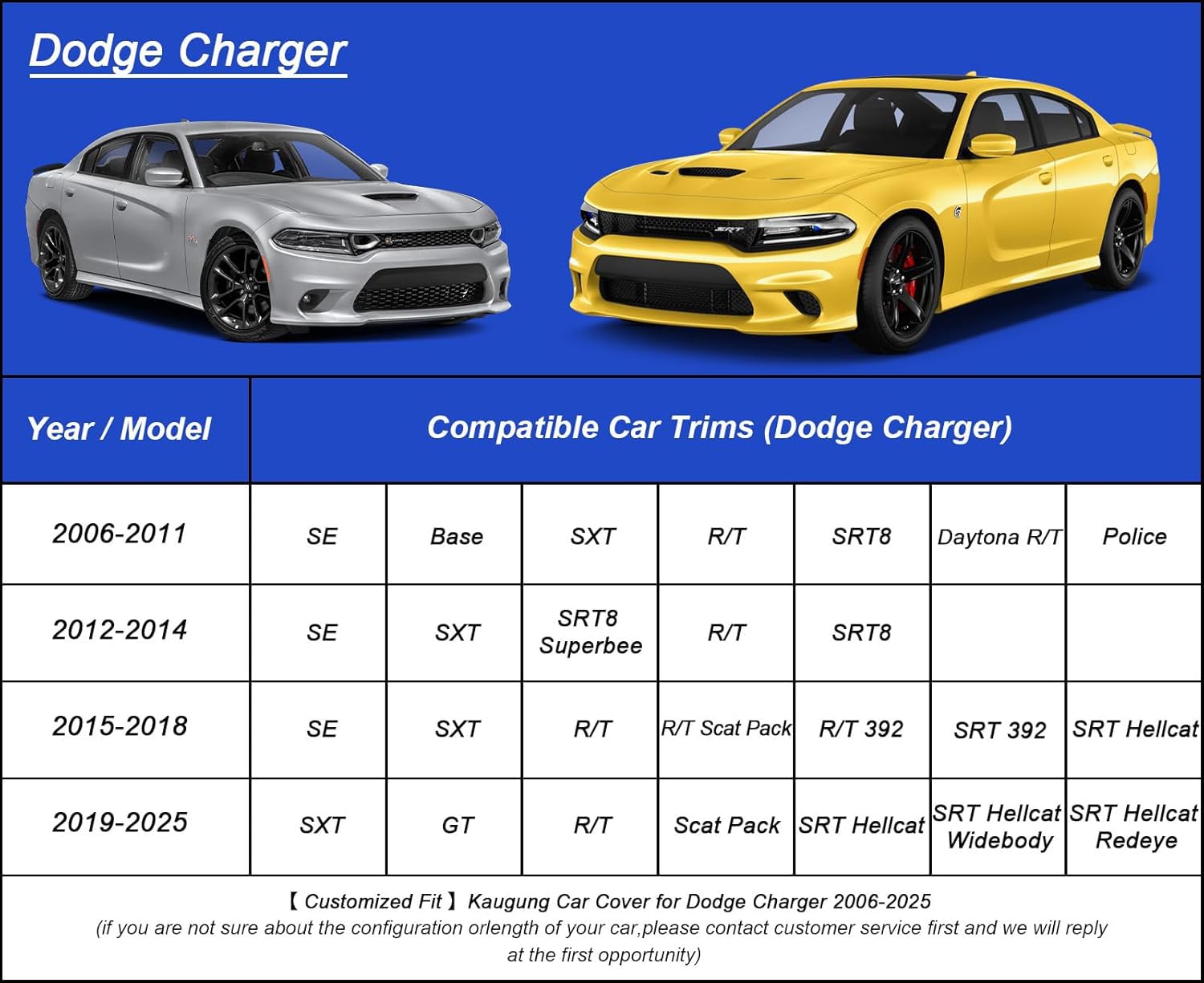 Kaugung Car Cover Waterproof Custom Fit Dodge Charger(2006-2025), Full Exterior Cover For Automobiles Lightweight Resistant Outd