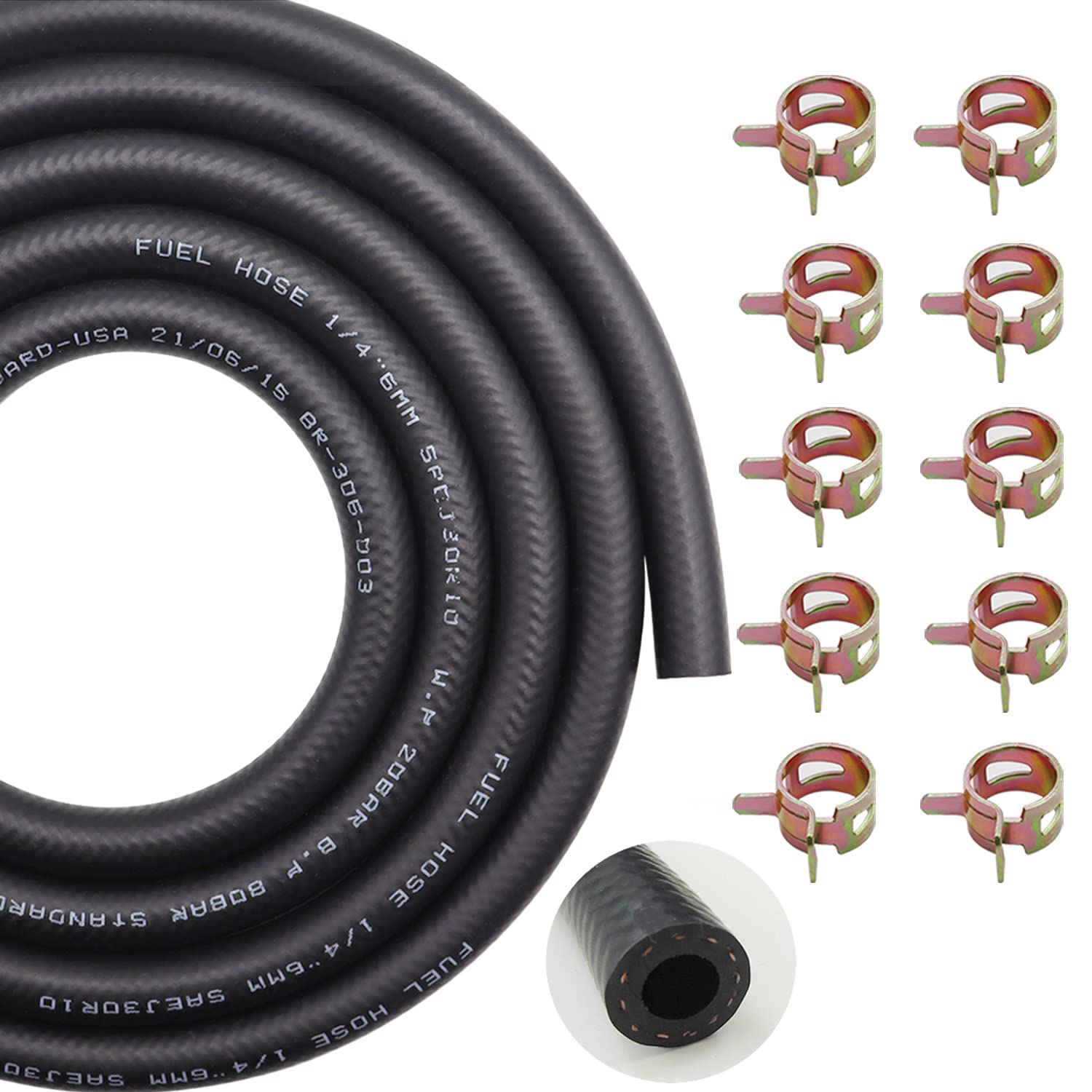 Taiss Id Fuel Line Kit, 1/4" (6Mm), 6-Foot (2M) Fuel Line Hose + 10Pcs 2/5" (11Mm) Id Hose Clamps. Suitable For Small Engines: Tractors, Mowing Machine, Snow Machine, Etc.