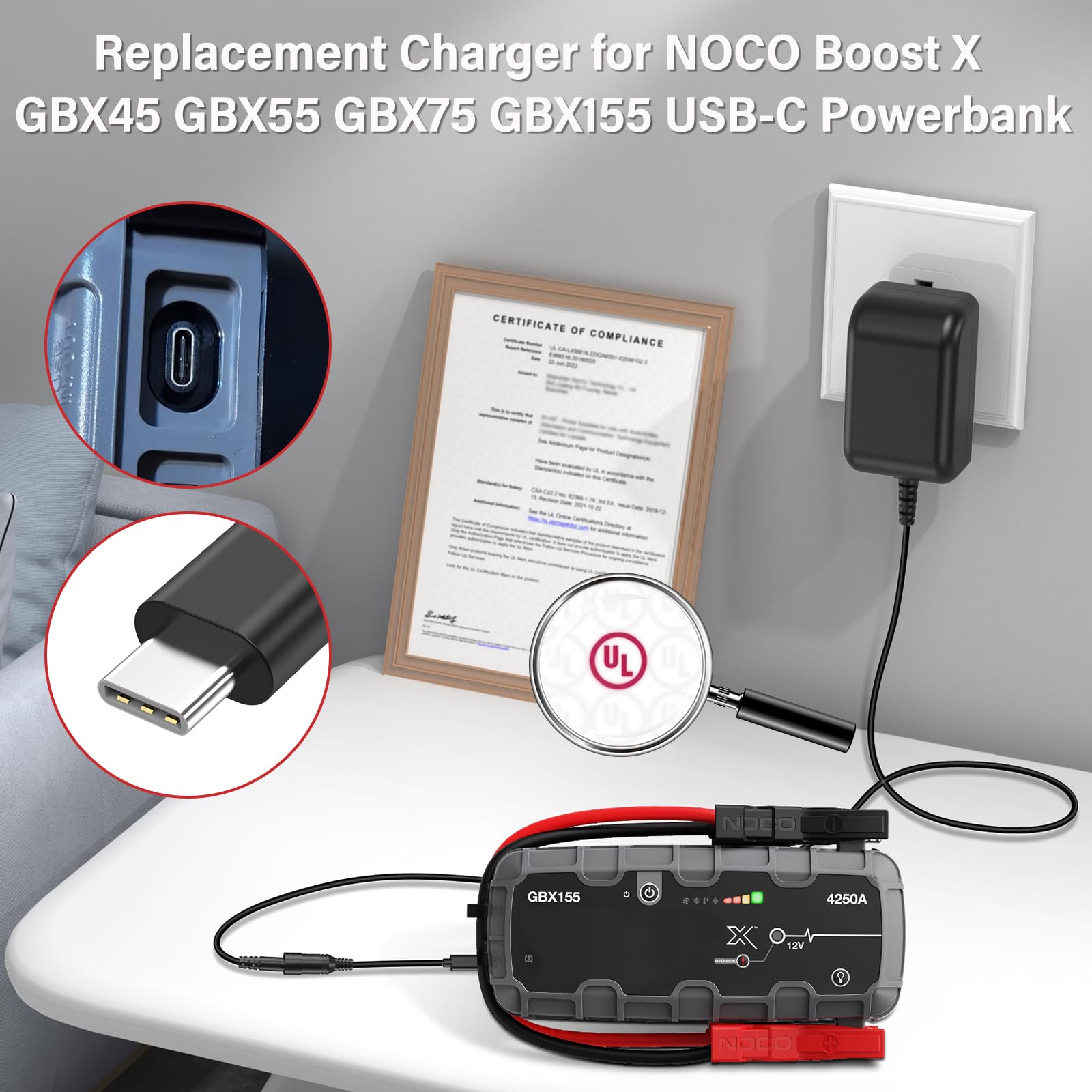 HIENADTOR 5V Charger AC/DC Adapter for NOCO Boost X Jump Starter, UL Listed, 6.5FT, Model YNQX12G050200UL