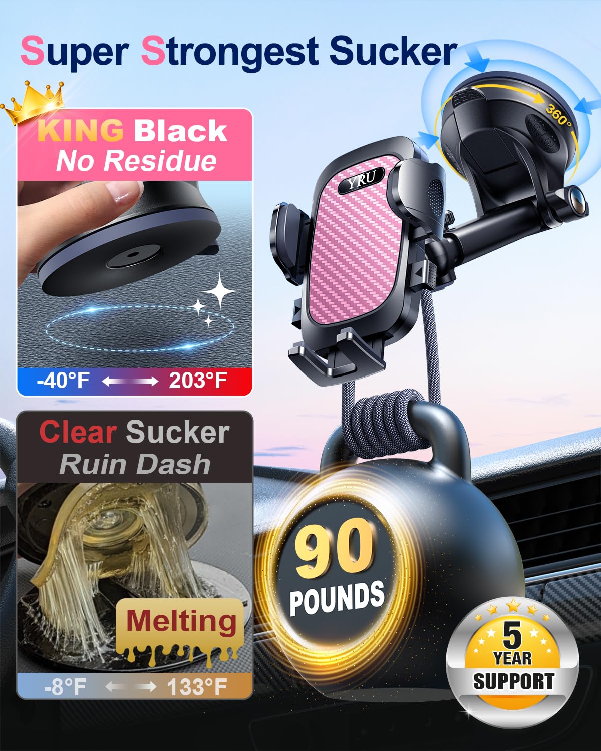 Yru [True Military-Grade 360 Degrees Rotatable Suction] 2025 Ultimate Car Phone Holder Mount 90+Lbs Safest Strongest Patent Cert