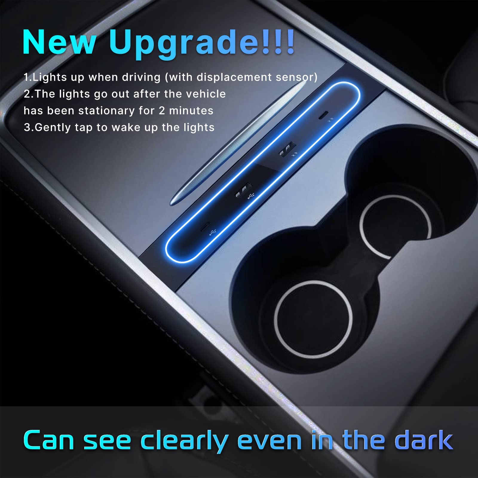 Vijim Car Usb Charger Multi Port For 2021 2022 2023 2024 Tesla Model 3/Y | Tesla Usb Hub With Blue Led Light | Tesla Model 3/Y Accessories 100% Fit Center Console Adapter | Tesla Phone Charger