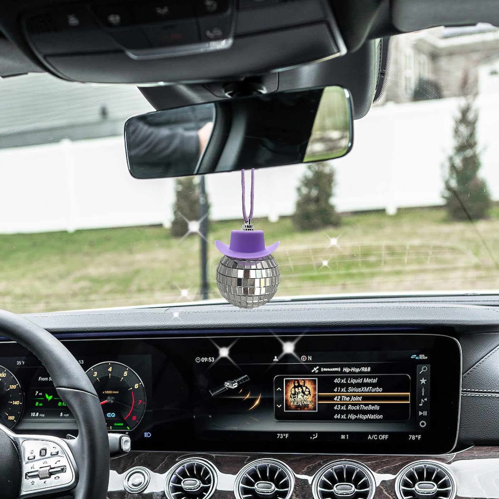 Spansee Purple Disco Ball With Cowboy Hat Car Charm, Rear View Mirror Accessory