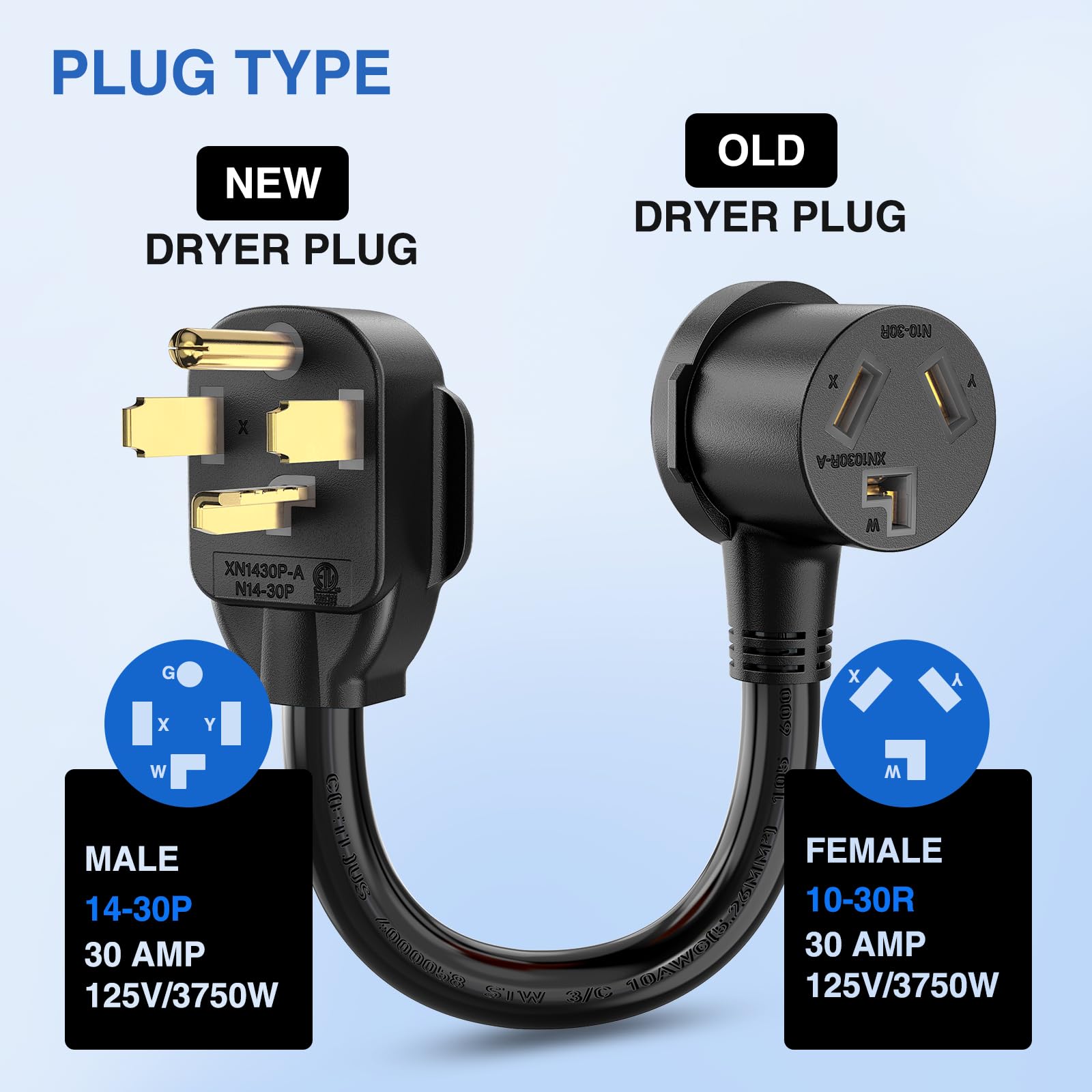 Nilight EV Dryer Adapter Cord 30 Amp 4 Prong 125V/250V, Heavy Duty 10 Gauge, 14-30P to 10-30R, Black, Model