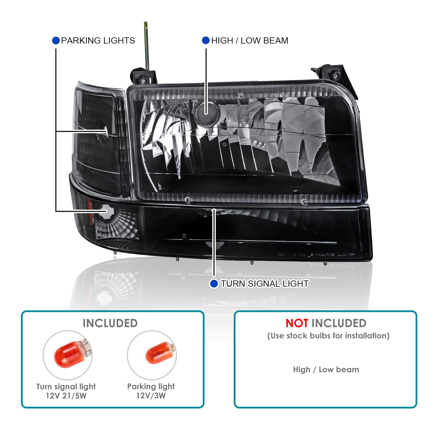 Spec-D Tuning Black Housing Clear Lens Headlights + Bumper Lights + Corner Lamps Compatible With 1992-1996 Ford F150 F250 F350 Bronco Left + Right Pair Headlamps Assembly