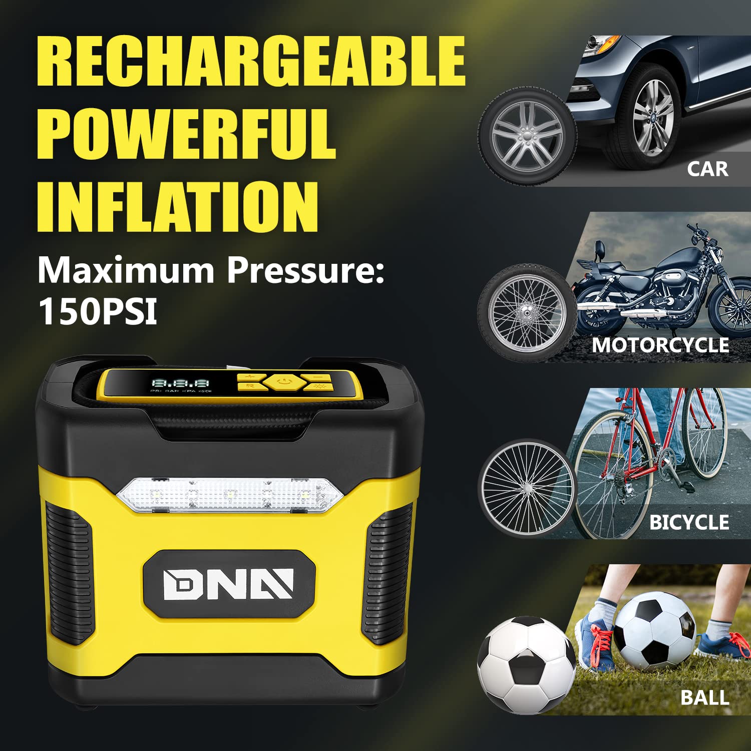 Dna Motoring Tools-00211 Yellow 12V Dc Digital Tire Inflator Portable Air Compressor With Pressure Gauge For Cars, Bicycles, Mot