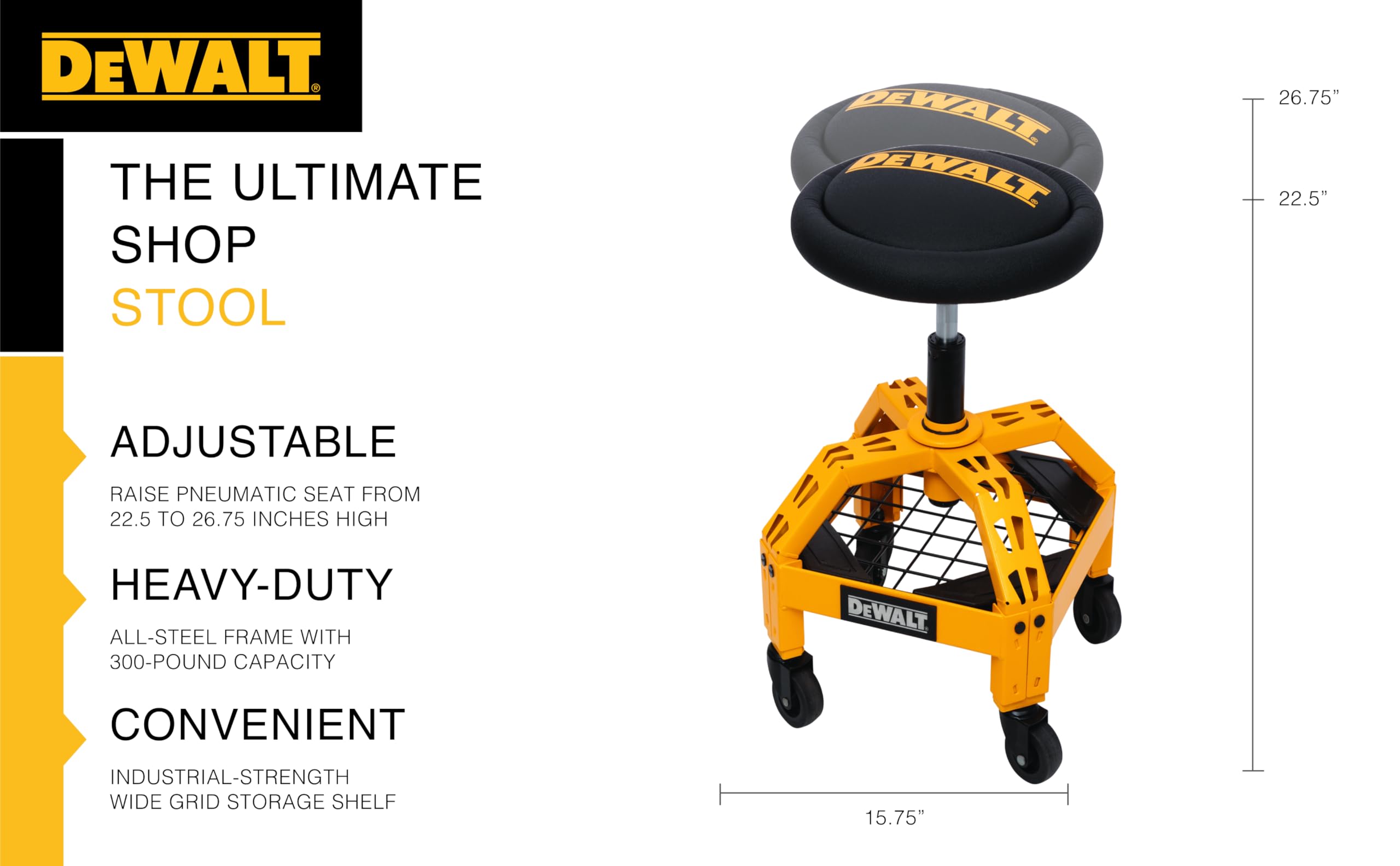 DEWALT Heavy-Duty Metal Rolling Stool for Shop or Garage, Padded 360-degree Swivel Seat, Durable Steel Frame, Adjustable
