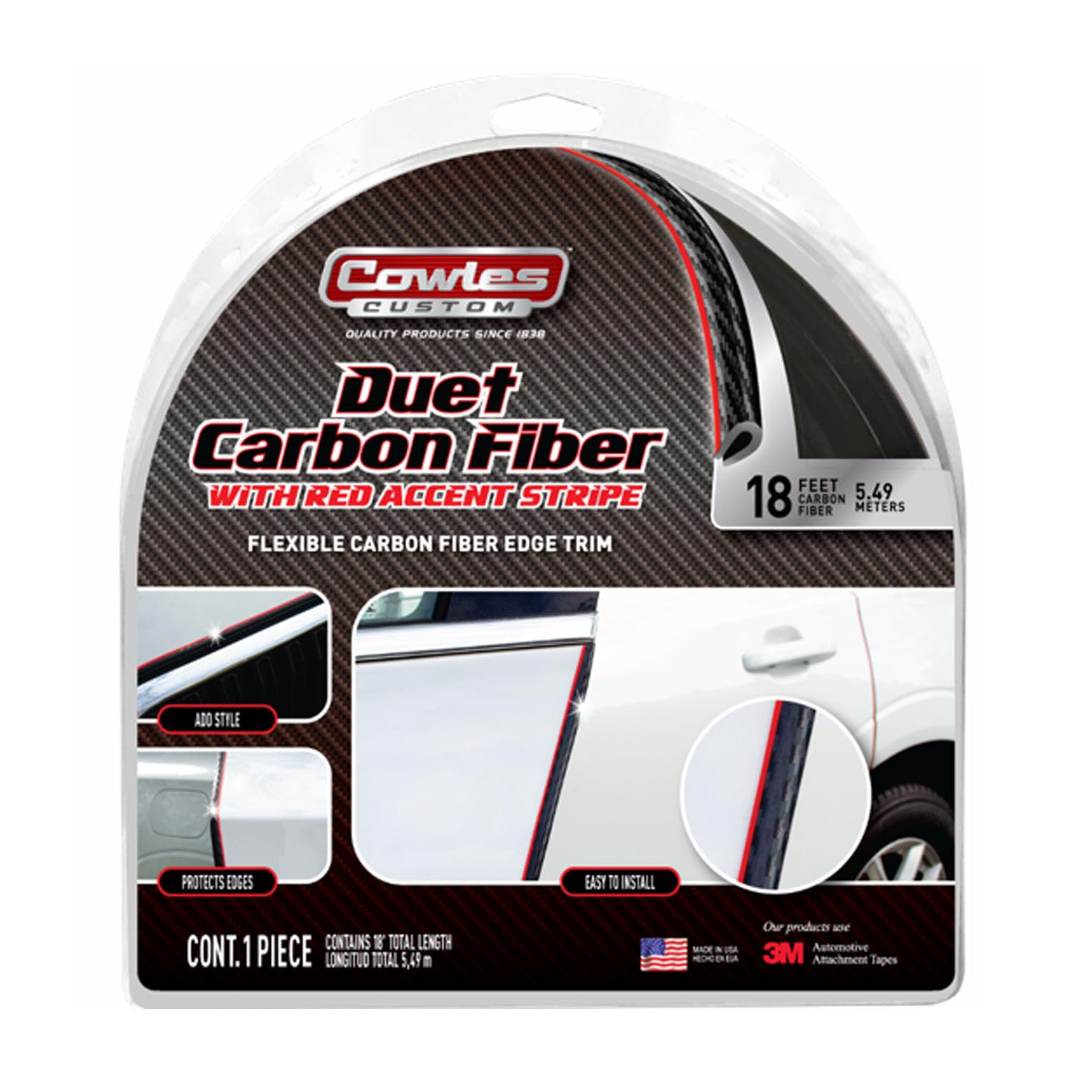 Cowles Custom, Carbon Fiber Edge Trim With Red Accent, 18 Feet, Flexible Door Edge Guard For Cars, Trucks, Suvs