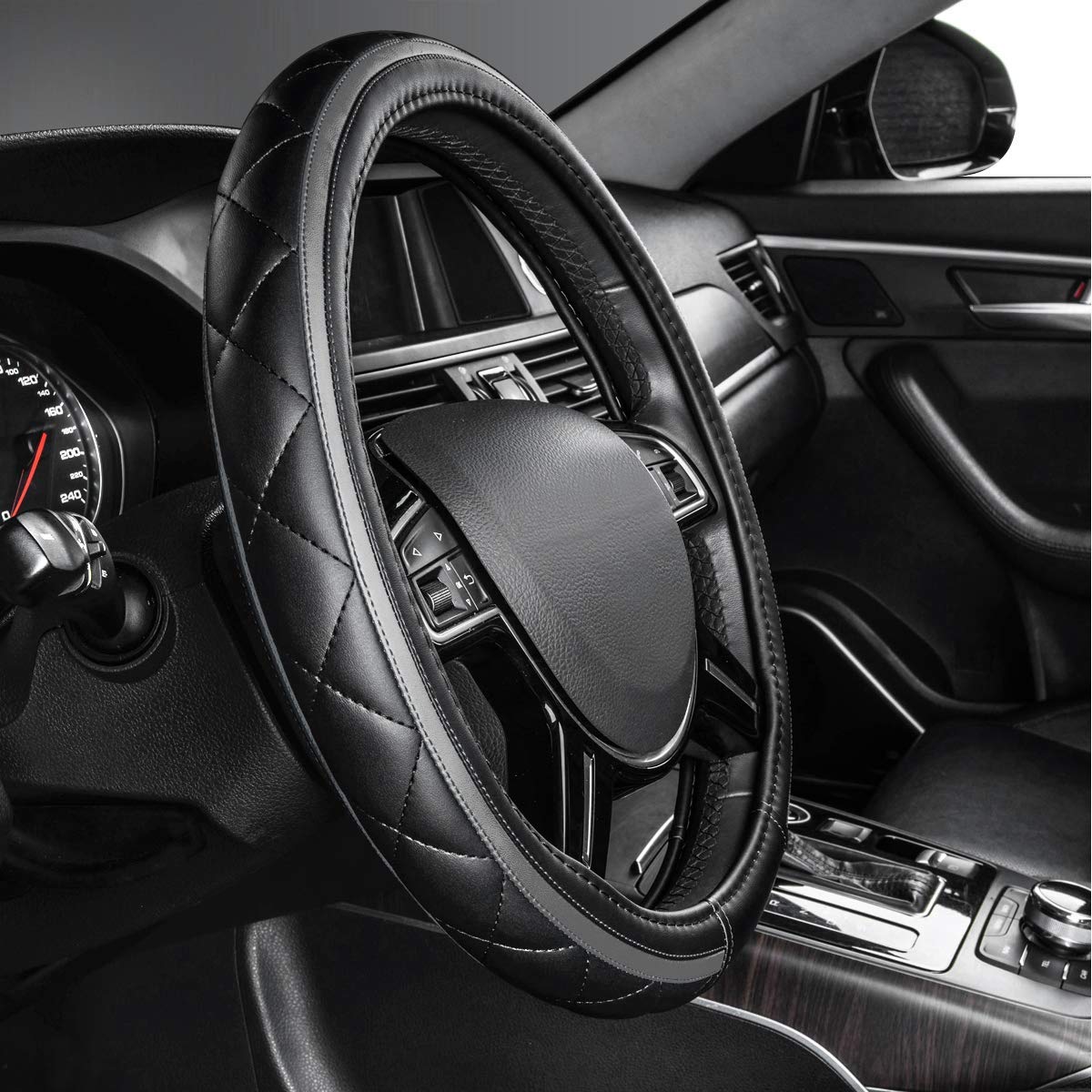 CAR PASS Sporty Quilting Leather Universal Fit Steering Wheel Cover,Fit for Suvs,Vans,Sedans,Trucks for 14.7'' to 15''(Black & G