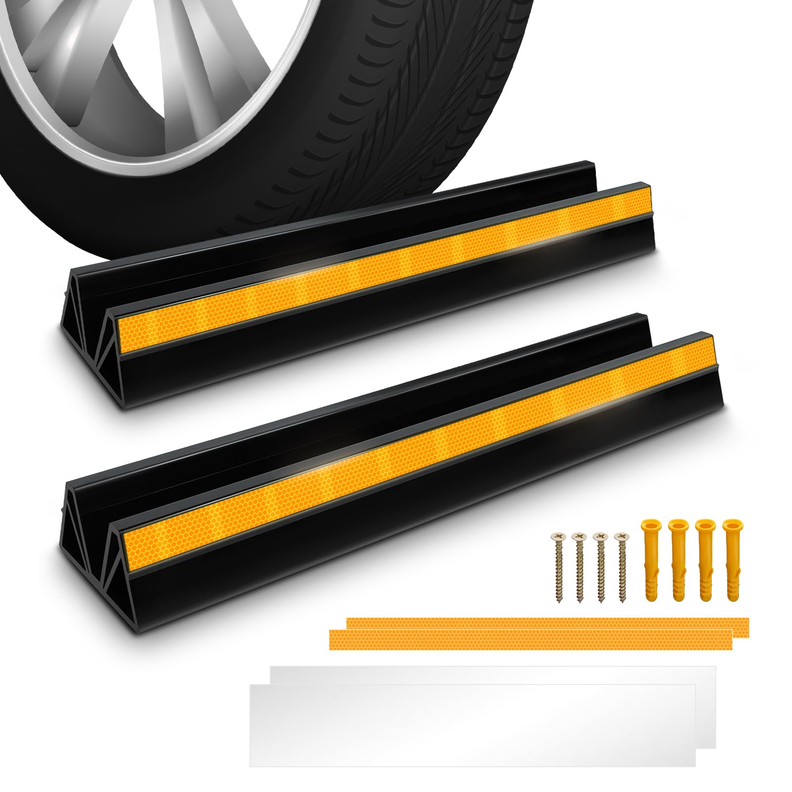Hoxwell 2 Pcs 18'' Parking Car Wheel Stopper For Garage With 2 Installation Methods, Heavy Duty Tire Stops With Reflective Tapes