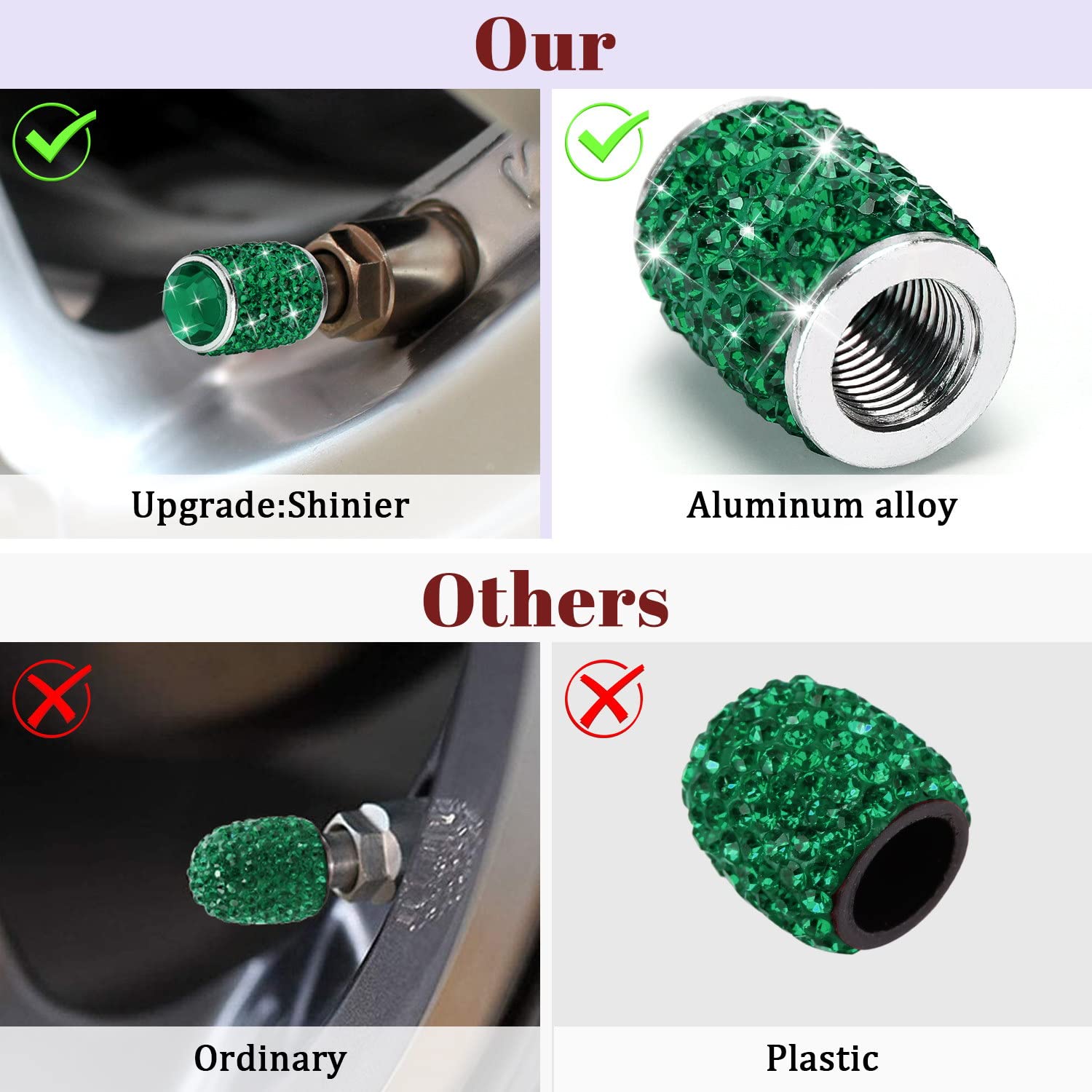 ToBeQueen Green Bling Tire Valve Caps, 4 Pack Handmade Crystal Rhinestone Diamond Tire Caps Universal Dustprood Bling Green Car