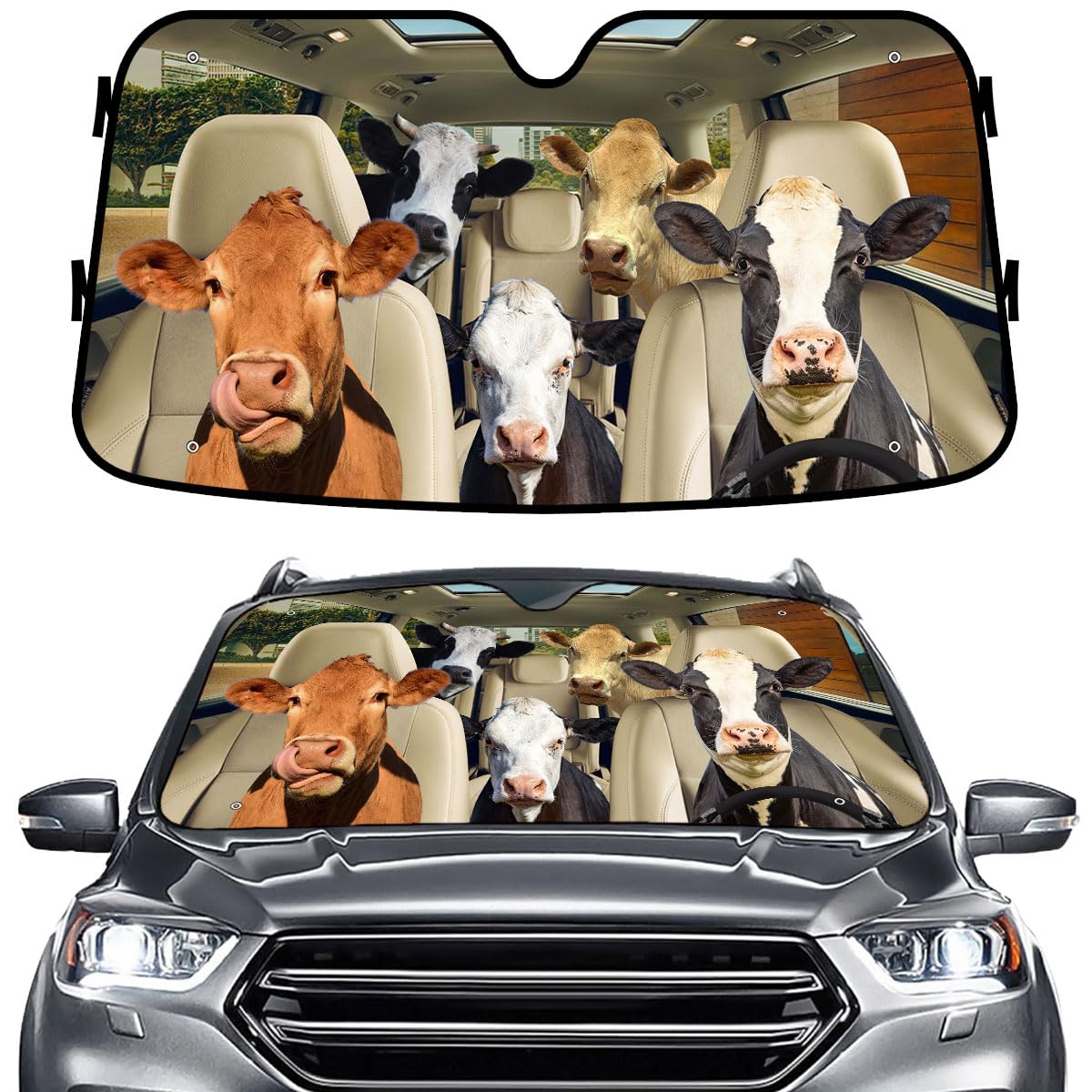 GENANY Cute Cow Family Funny Windshield Sun Shade for Car SUV Truck (55x30 Inches), Sun Shade Windshield, Shades for Front Windo