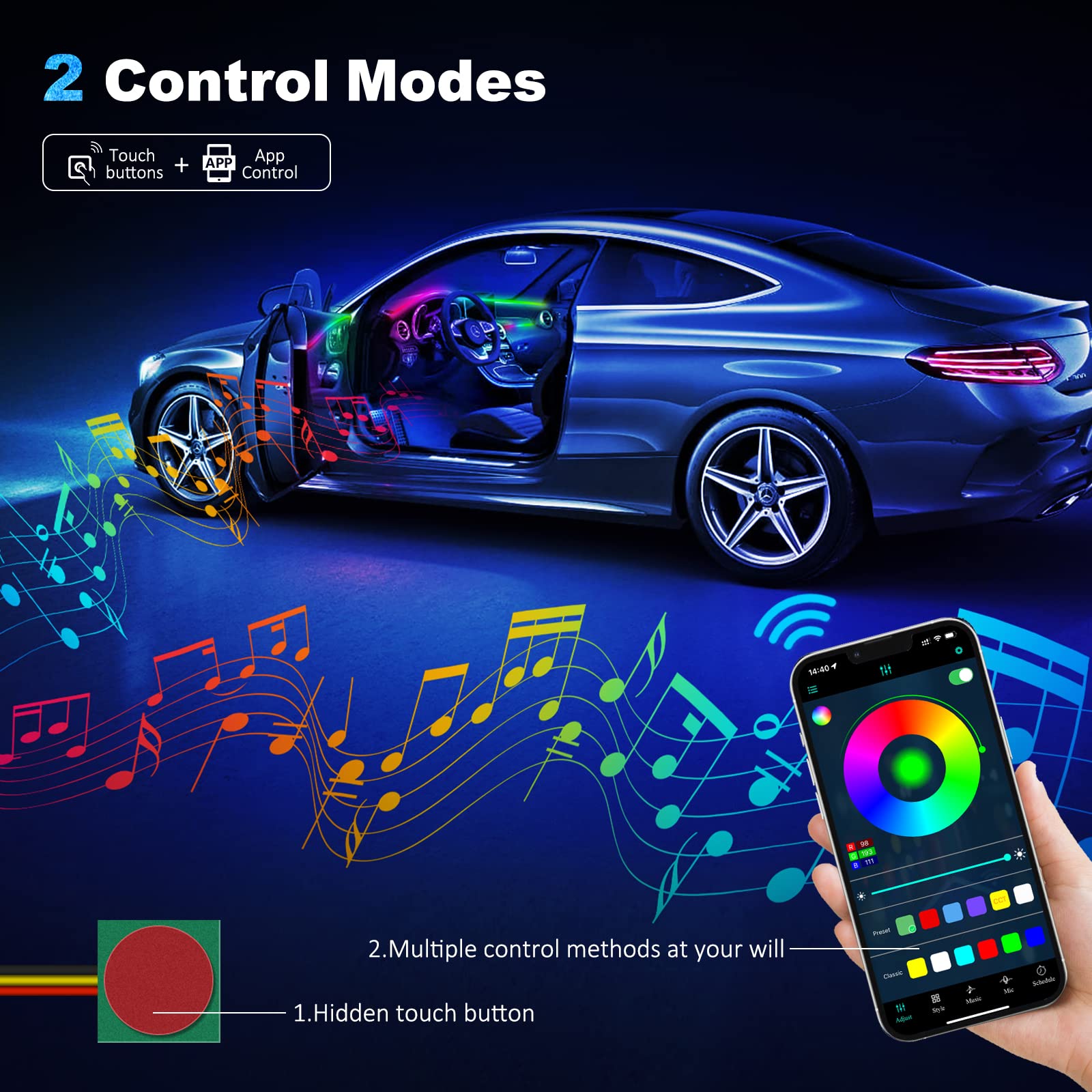 Acrylic Interior Car Led Strip Light With Wireless App, Rgb Dreamcolor 2 In 1 Ambient Lighting Kits, 16 Million Colors Sound Act