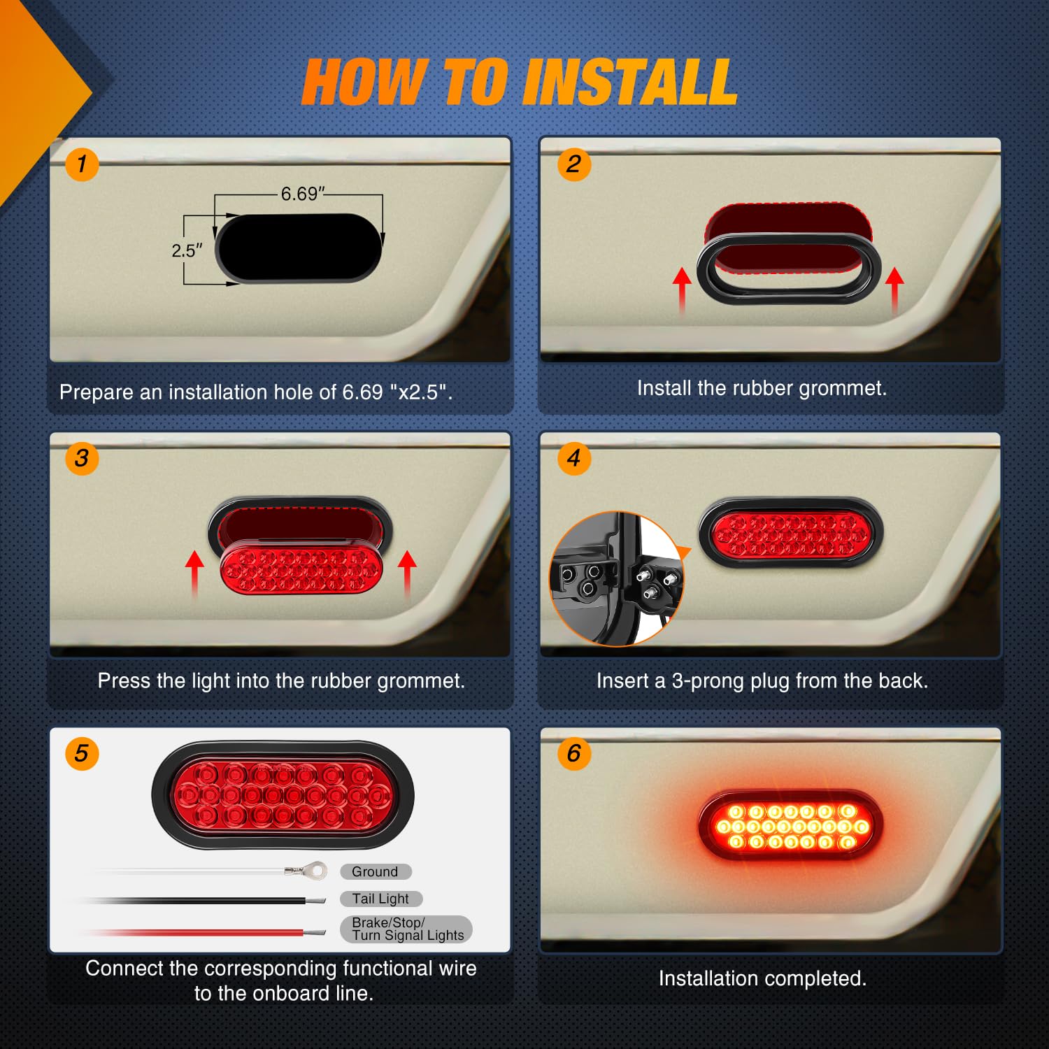 Nilight 6Inch Oval Trailer Tail Light 2Pcs Red 24Led Stop Brake Turn Marker Lights W/Flush Mount Grommets Plugs Ip67 Waterproof