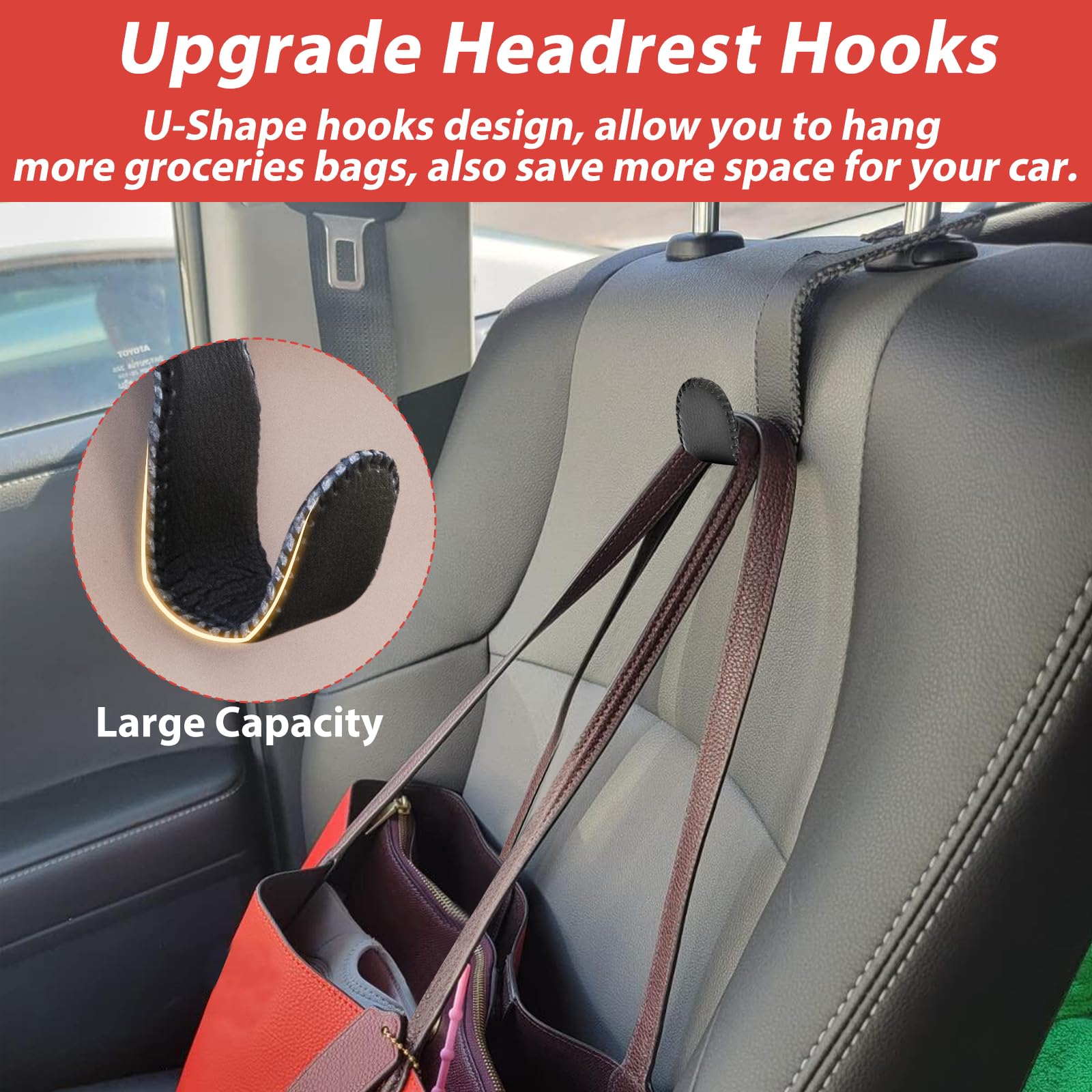 Etre Jeune Purse Hook For Car, Car Purse Holder Headrest Hook Vehicle Leather Storage Hook For Hanging Purses And Bags, 2 Pack Black