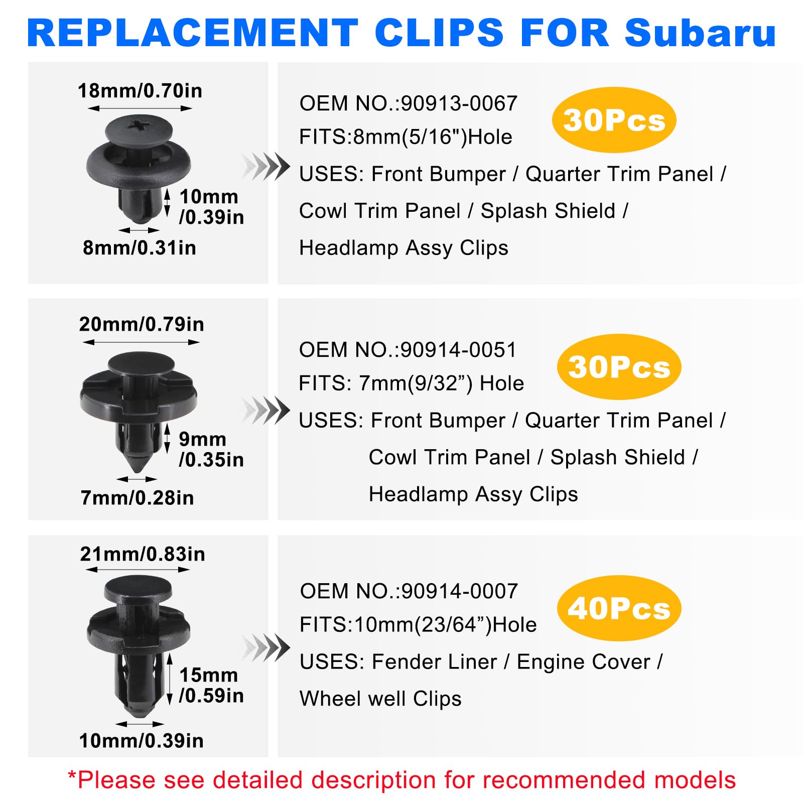100pc Nylon Fasteners for Subaru Clips Bumper Rivet Fender Liner Retainers Replace #90914-0007, 90913-0067, 90914-0051 Screws Ki