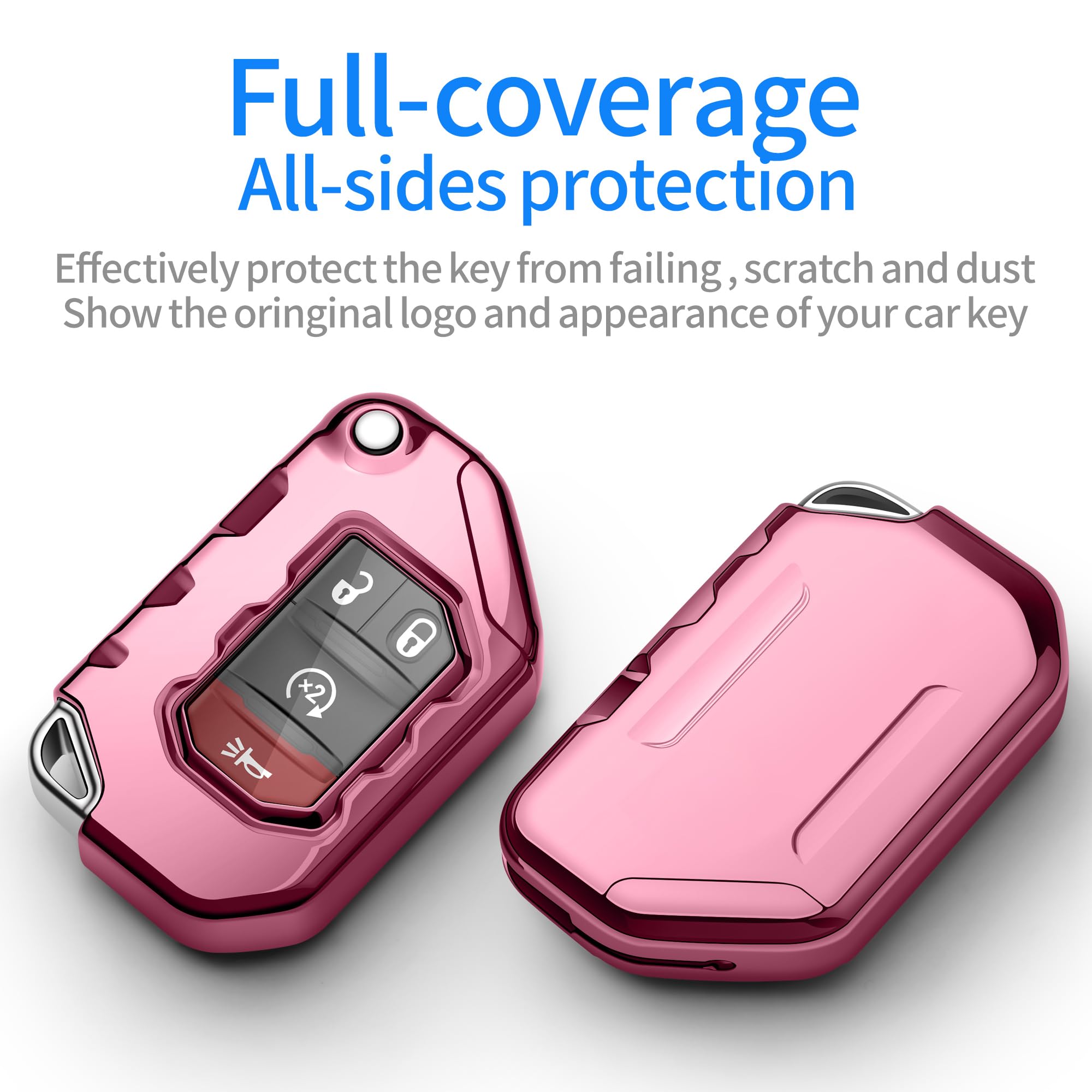 Autophone Compatible With Jeep Key Fob Cover With Leather Keychain Soft Tpu Protection Key Case For 2018 2019 2020 2021 Wrangler Jl Gladiator Remote Key (Pink)