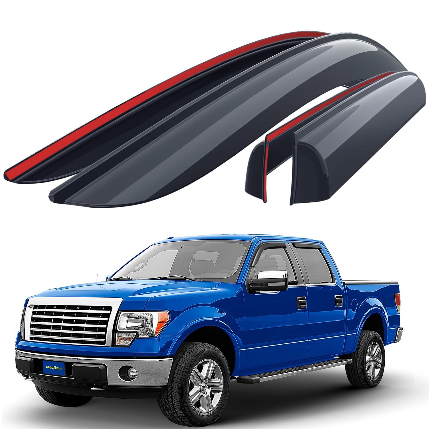 Goodyear Shatterproof Window Deflectors For Trucks Ford F150 2009-2014 Supercrew, Tape-On Rain Guards, Window Visors, Vent Defle