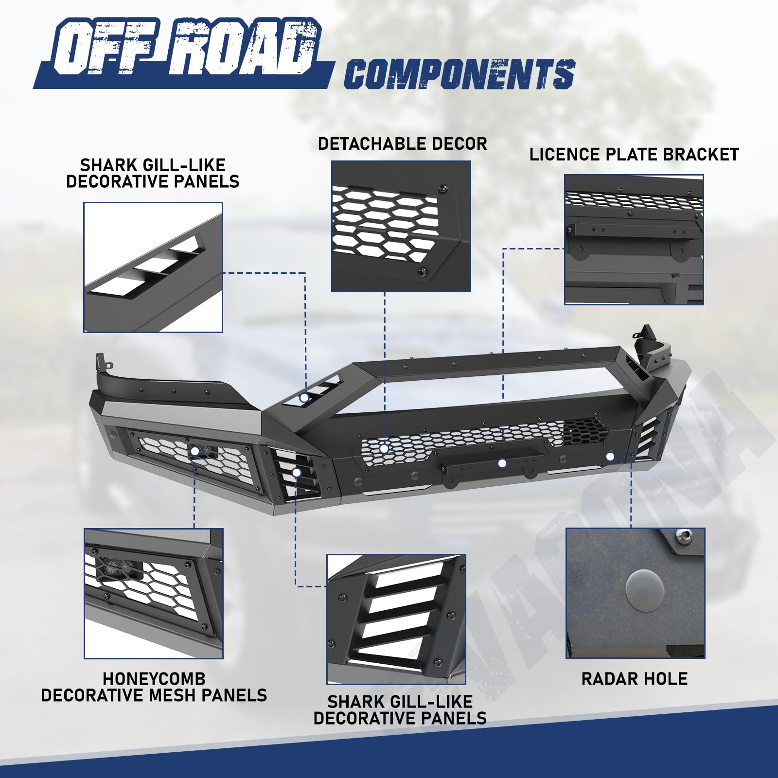 Hawkley Ram Front Bumper For 2013-2018 Ram 1500 Pickup Truck Exclude Rebel; For 2019-2023 Ram 1500 Classic Exclude Warlock; Offroad Bumper W/2X Led Light & Sensor Mounting Hole & Licence Plate Bracket