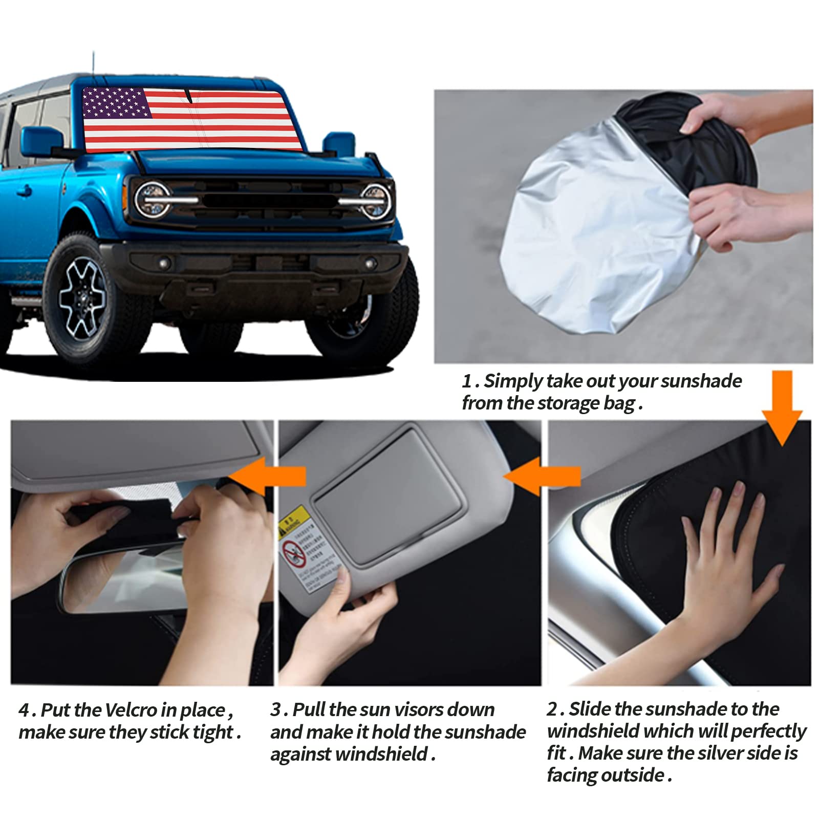 Moricere Upgrade Windshield Sun Shade With Usa Flag For 2021-2023 Ford Bronco, Foldable Windshield Sun Visor Blocks Uv Rays