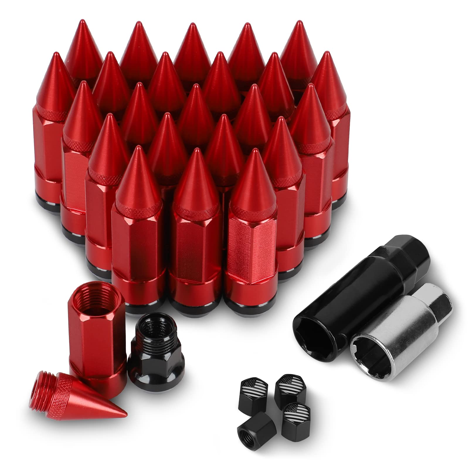 YeshineAuto M14X1.5 Spikes Lug Nuts, 24PCS Anti Theft Wheel Lug Nut with 2PCS Socket(Red)