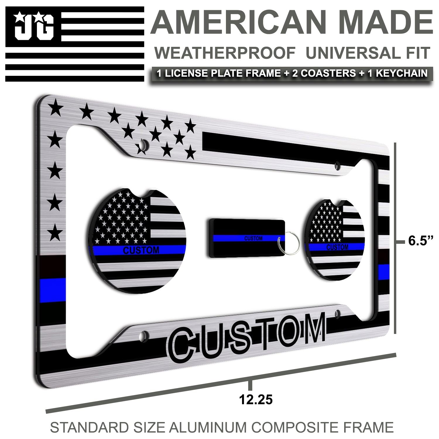 Thin Blue Line - Personalized American Flag License Plate Frame + 2 Coasters And A Keychain