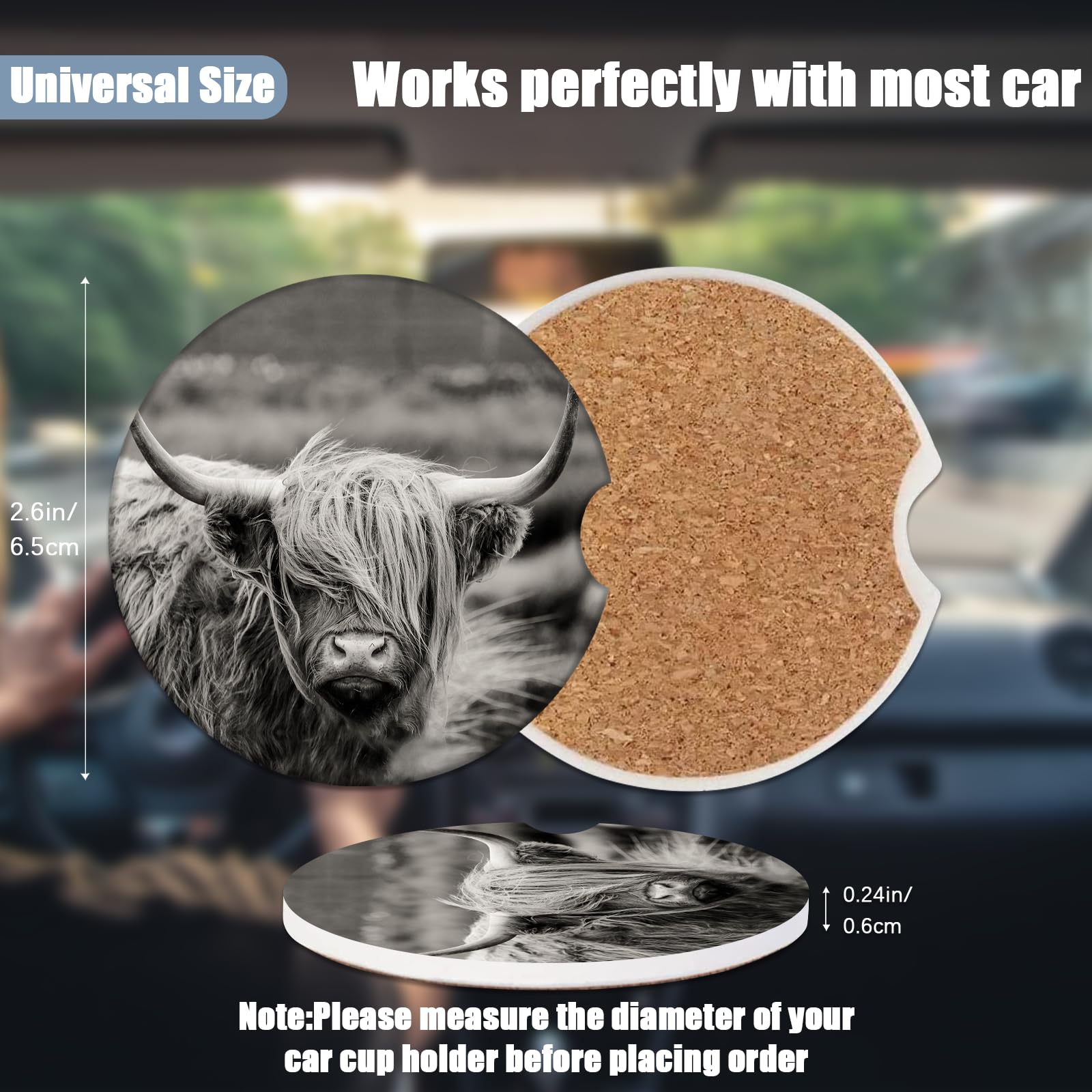 Car Cup Holder Coaster - Highland Cow Absorbent Ceramic Coaster, Car Coasters for Cup Holders, Auto Accessories for Women & Men,