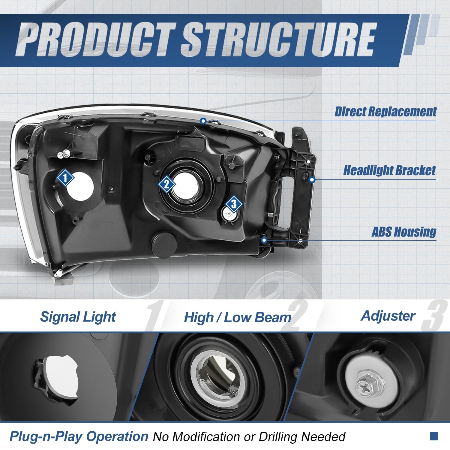 Auto Dynasty Headlights Assembly Compatible With 2006 2007 2008 2009 Dodge Ram 1500 2500 3500, Driver And Passenger Side Halogen