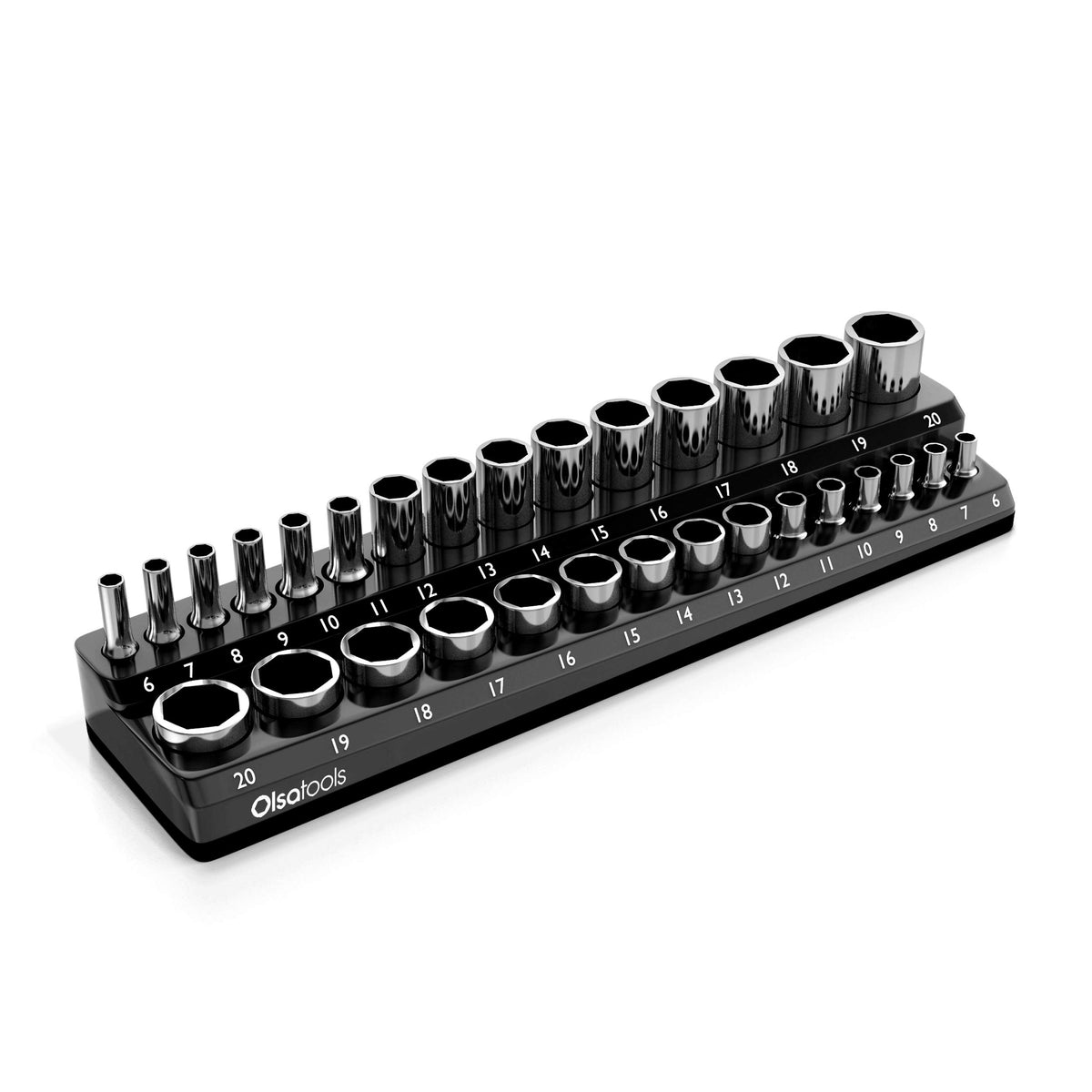 Olsa Tools Magnetic Socket Holder  3/8-Inch Drive  Metric  Black  Holds 30 Sockets  Professional Quality Tools Organizer