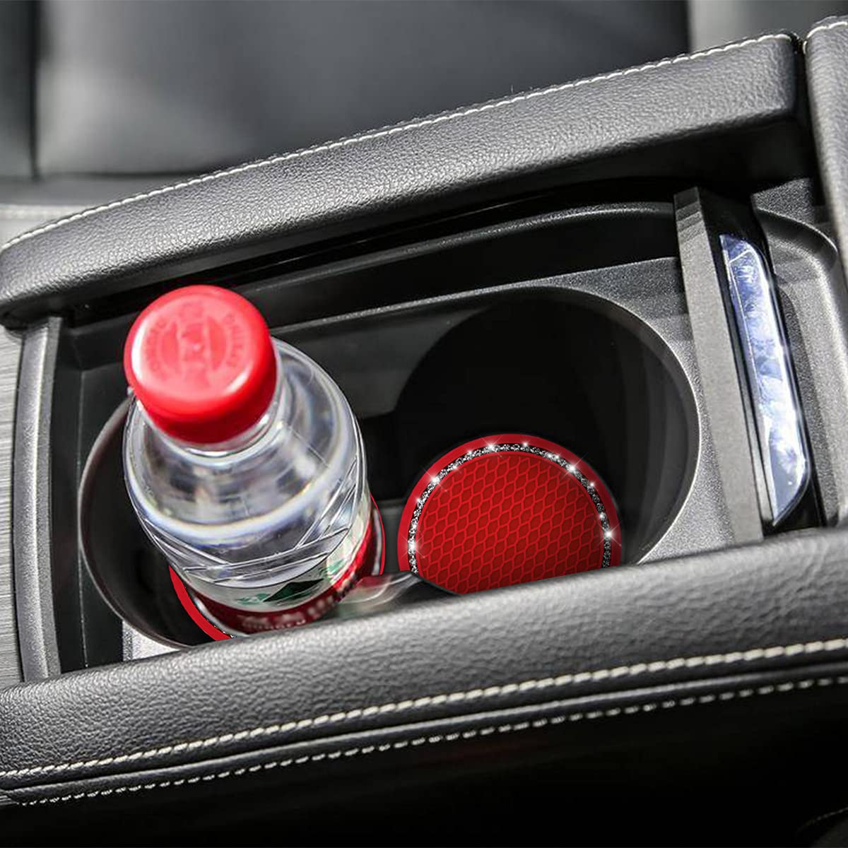 2Pcs Universal Bling Car Cup Coaster,Rhinestone Car Accessories 2.75 Inch Car Cup Holder Insert Mat Pad Set,Suitable For Most Car Interior (Red/White)