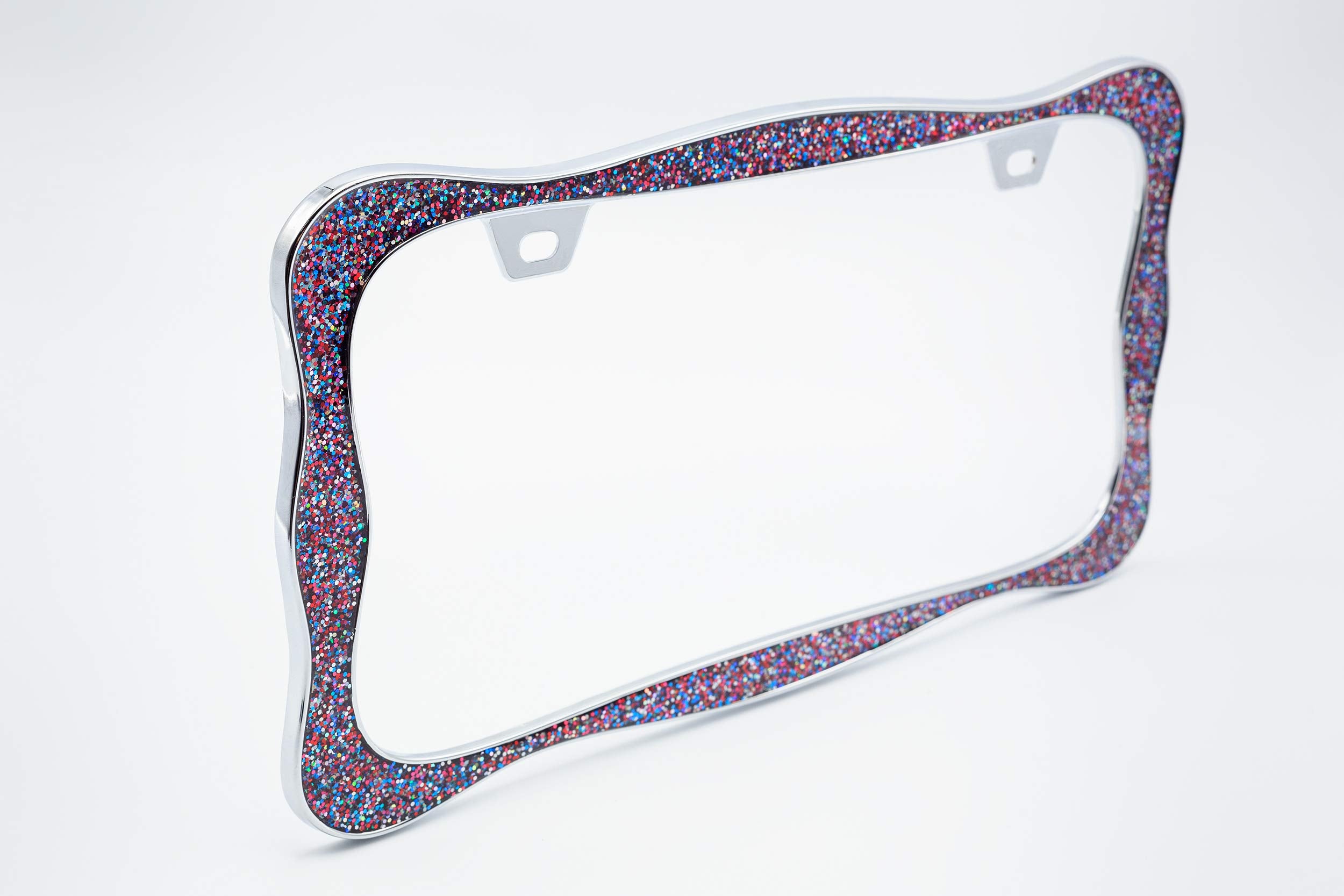 Creathome 3D Shining License Plate Frame, Chrome With Mix Shining Colorful Chunky Gliter, Pure Zinc Alloy Metal