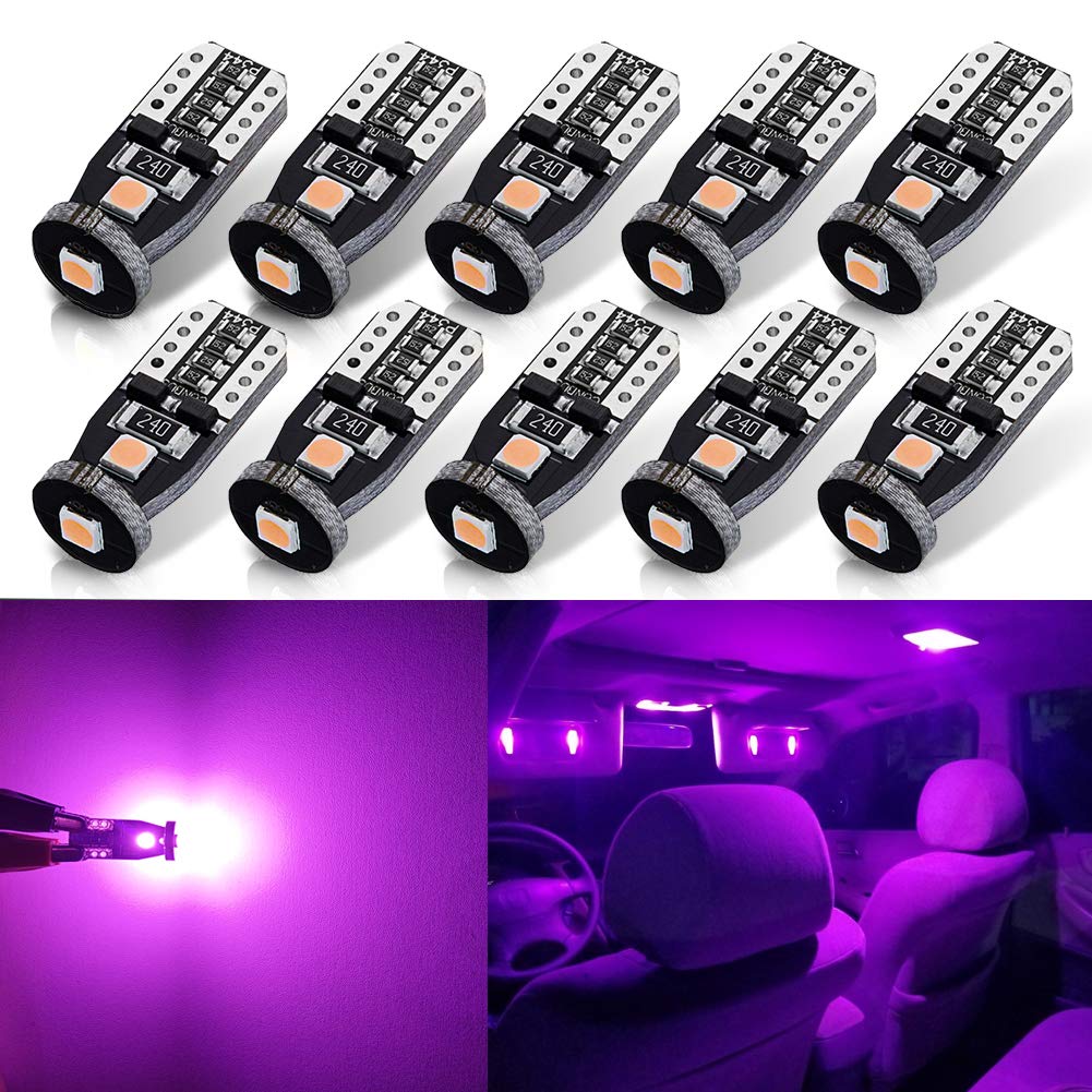 Autogine 10Pcs Error Free 194 168 175 2825 W5W T10 Led Bulbs Purple Super Bright 3030 Chipset For Interior Dome Map Door Courtes
