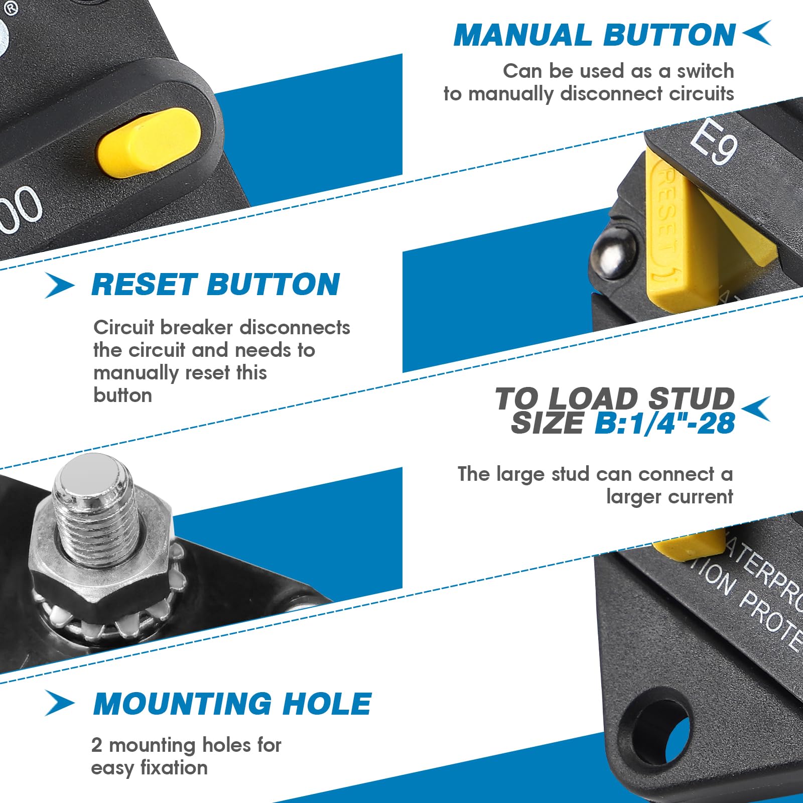 Gloso E96 Panel Mount Waterproof Ip67 Marine Auto Truck Hi-Amp With Gasket Circuit Breaker (1/4'' Stud-150A)