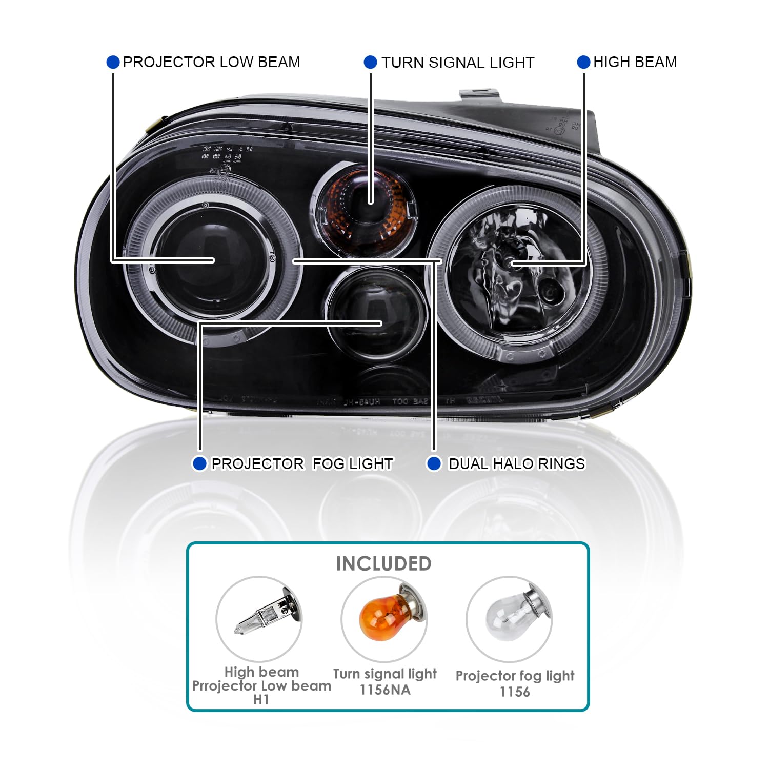 SPEC-D TUNING Dual Halo Projector Headlights, Glossy Black Housing & Smoke Lens, Compatible with 1999-2006 VW Golf MK4 & GTI, Left + Right Pair