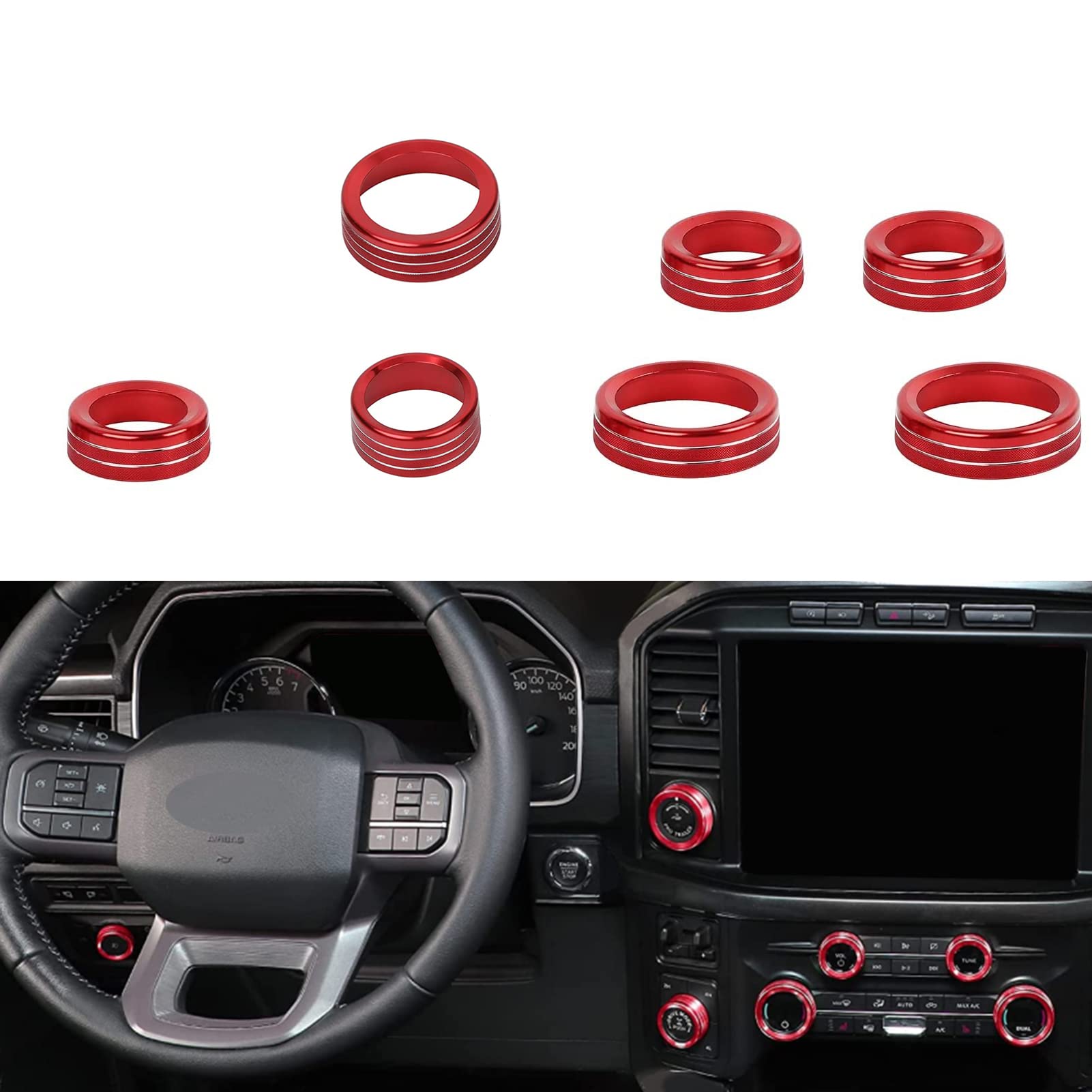 Keptrim For Ford F150 2021 2022 2023 Knob Air Conditioner Switch & Trailer & 4Wd & Vol & Headlight Button Ring Trim, Red Aluminum, 7Pcs