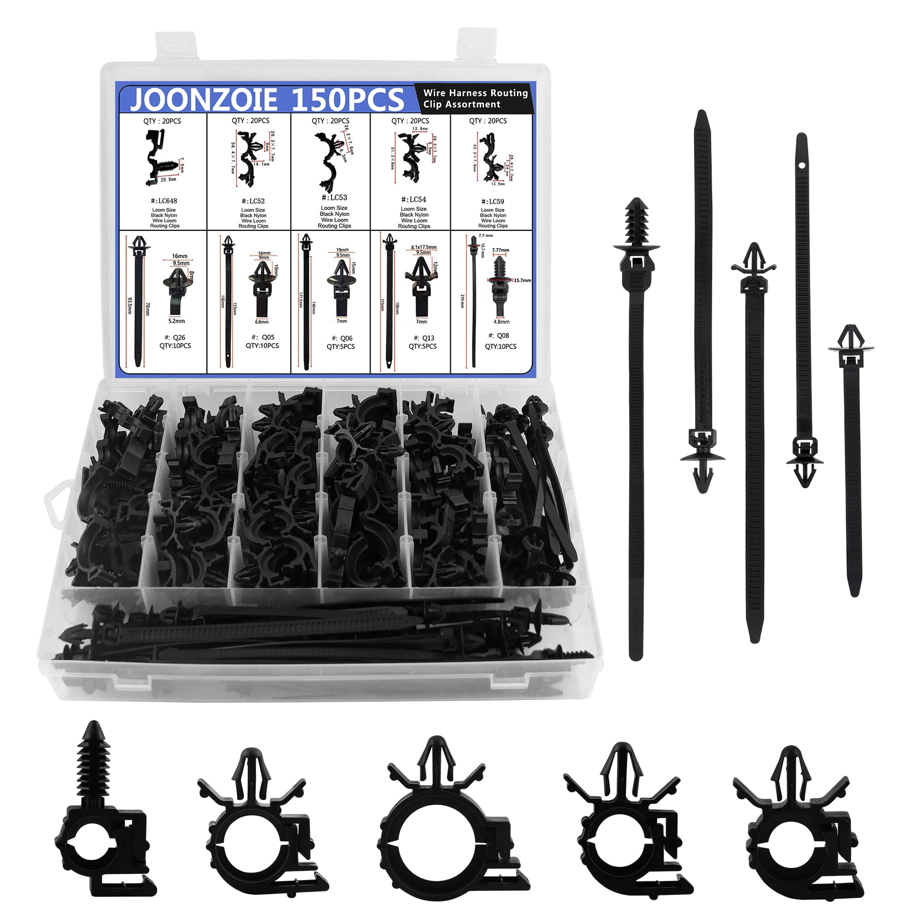 Joonzoie 150Pcs Wire Loom Clips Car Automotive Harness Routing Clips Assortment Kits - 10 Different Sizes Automotive Wire Routin