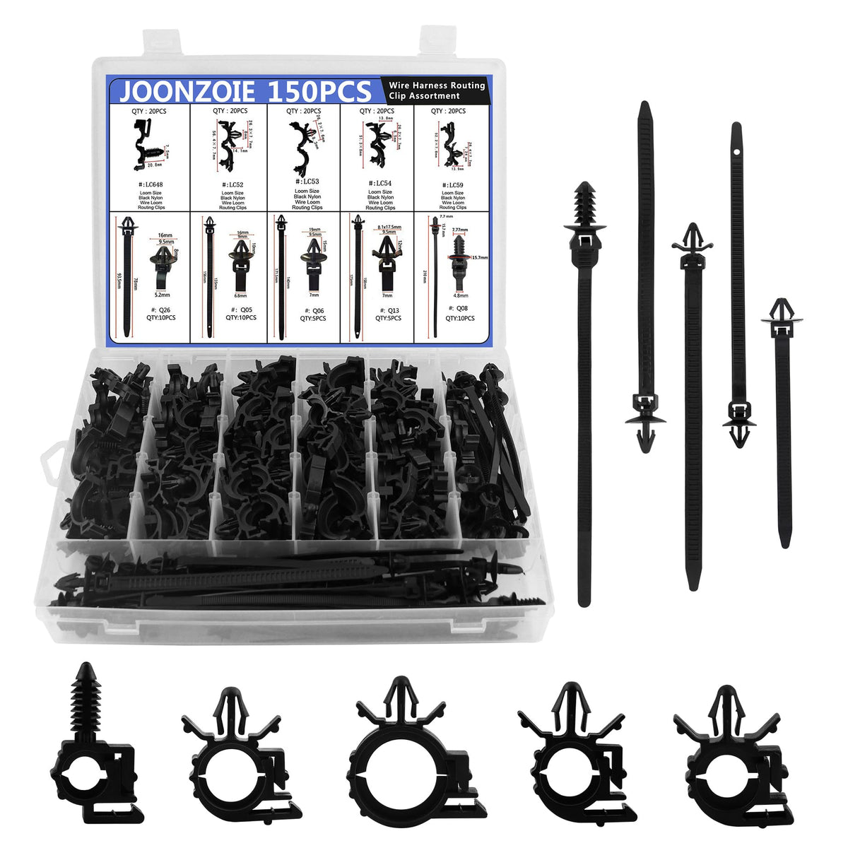 Joonzoie 150Pcs Wire Loom Clips Car Automotive Harness Routing Clips Assortment Kits - 10 Different Sizes Automotive Wire Routin