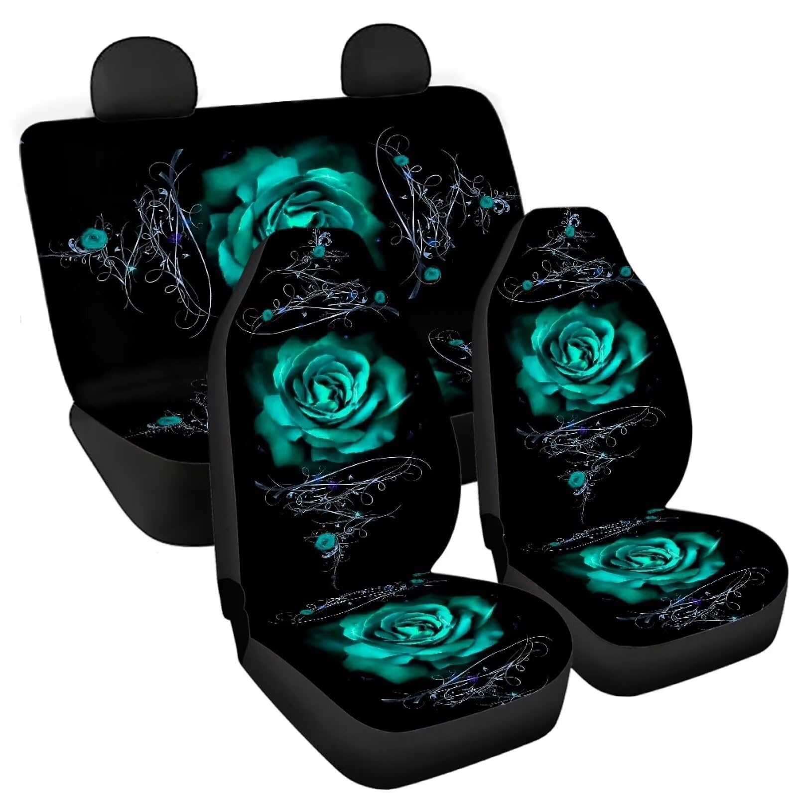 Howilath Teal Green Rose 4 Pieces Car Seat Covers Full Set Universal Fit for Most Car Trucks Suvs Interior Auto Accessories